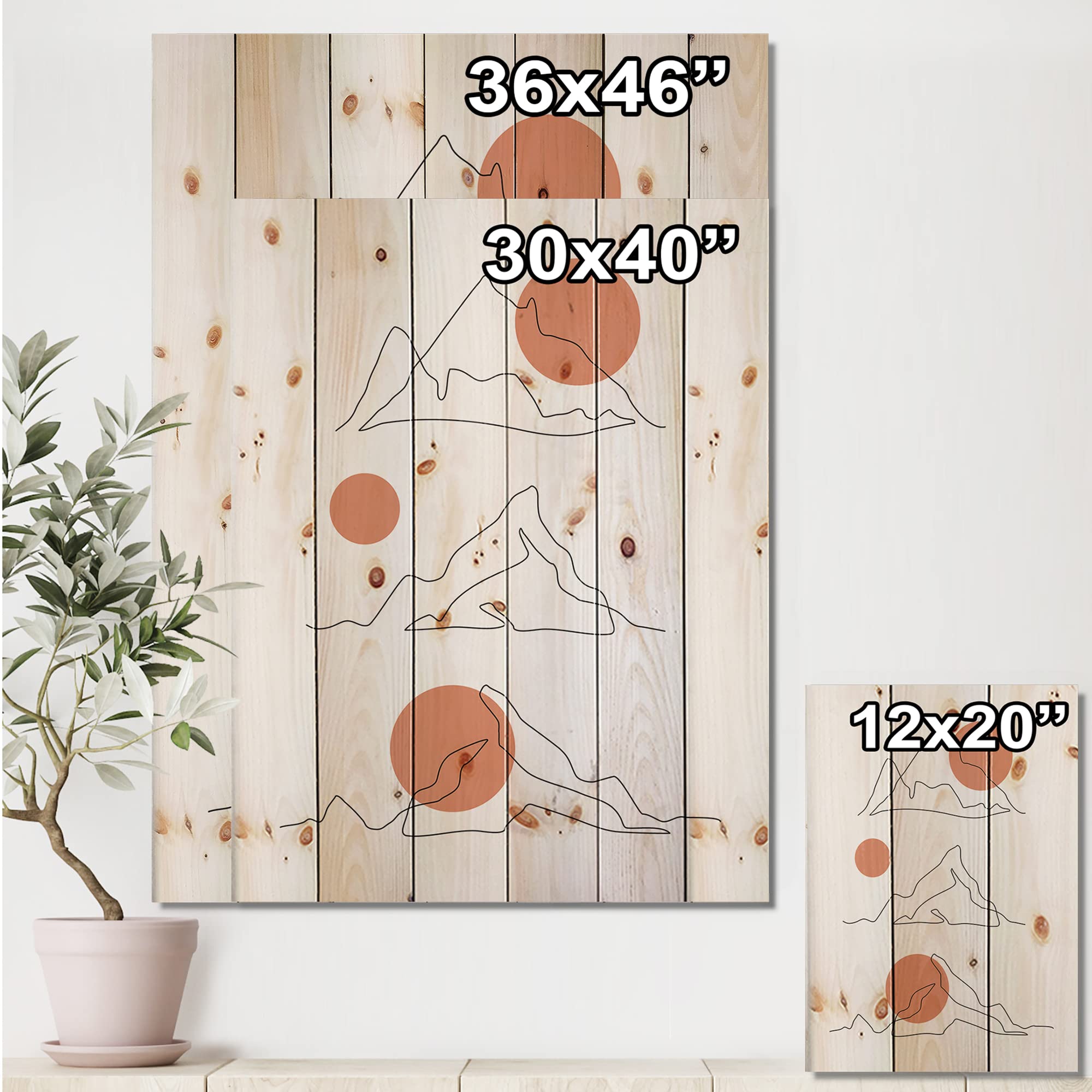 Abstract Mountain Range with Red Moons - Modern Wood Wall Art Decor - Large Contemporary Wood Wall Panels Printed on Natural Pine - Perfect for Living Room, Bedroom & Office Decor