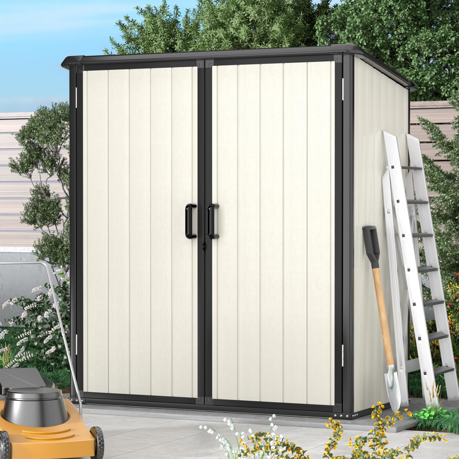 Aoxun 5x3FT Outdoor Storage Shed - Durable Resin Garden Shed with Floor & Lockable Door - Waterproof Plastic Storage for Bikes, Tools, Lawn Equipment, Trash Cans & Garden Accessories (Beige) - Perfect for Backyard, Patio & Garage Organization