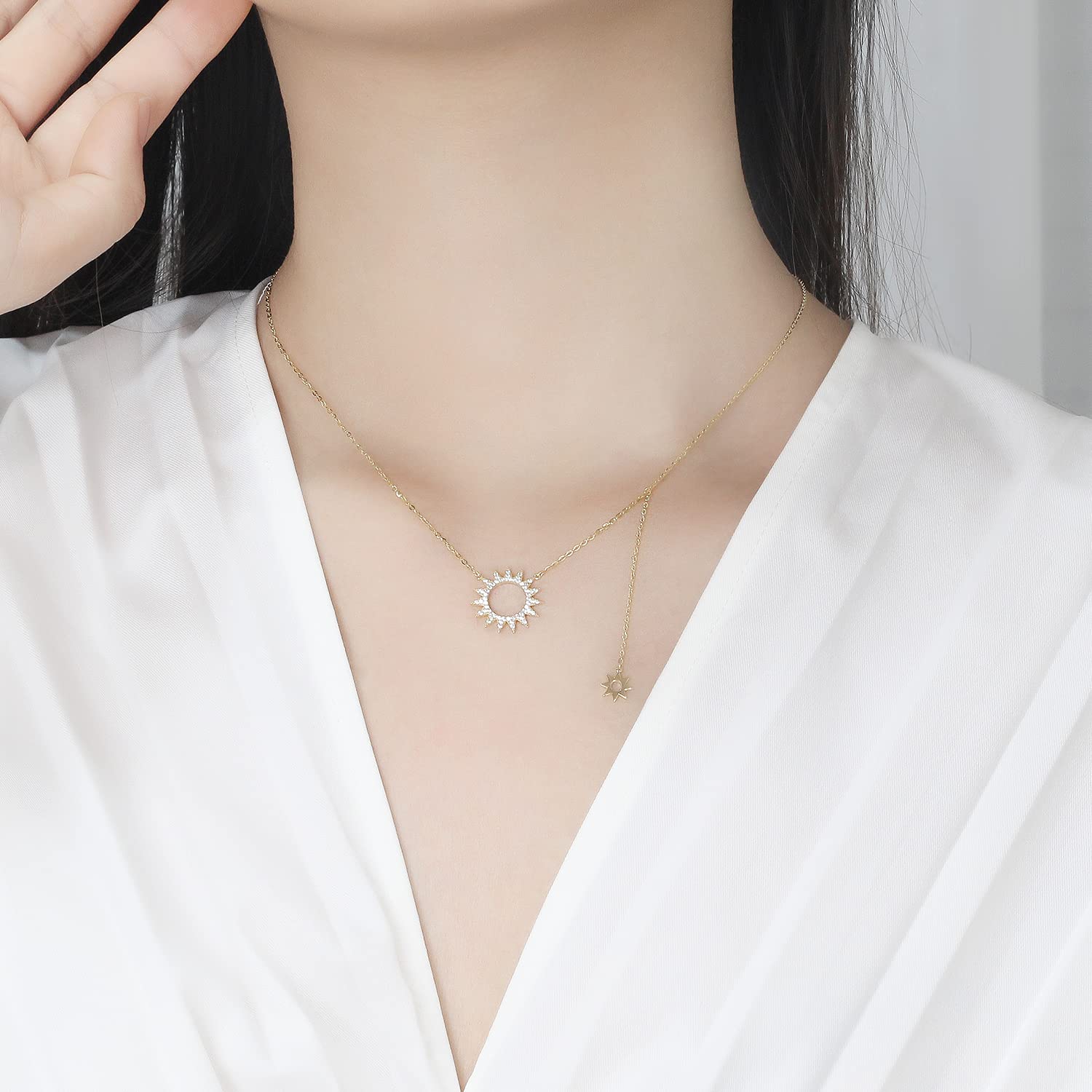925 Sterling Silver Sun Choker Necklace for Women - Gold Plated Sun Pendant Lariat Necklace, Dainty Layering Jewelry Gift for Birthday, Anniversary & Everyday Wear