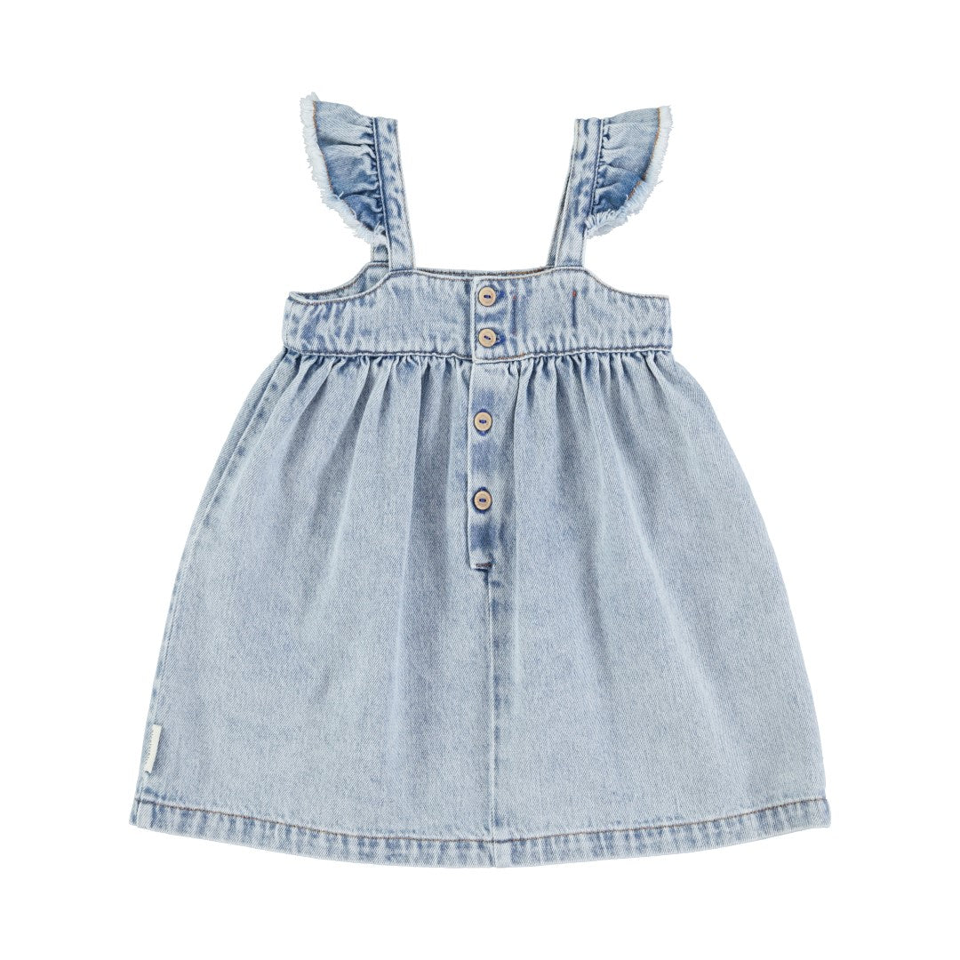 Piupiuchick Washed Blue Denim Knee Length Dress for Women | Casual Summer Dress with Pockets | Perfect for Beach, Brunch, and Date Nights