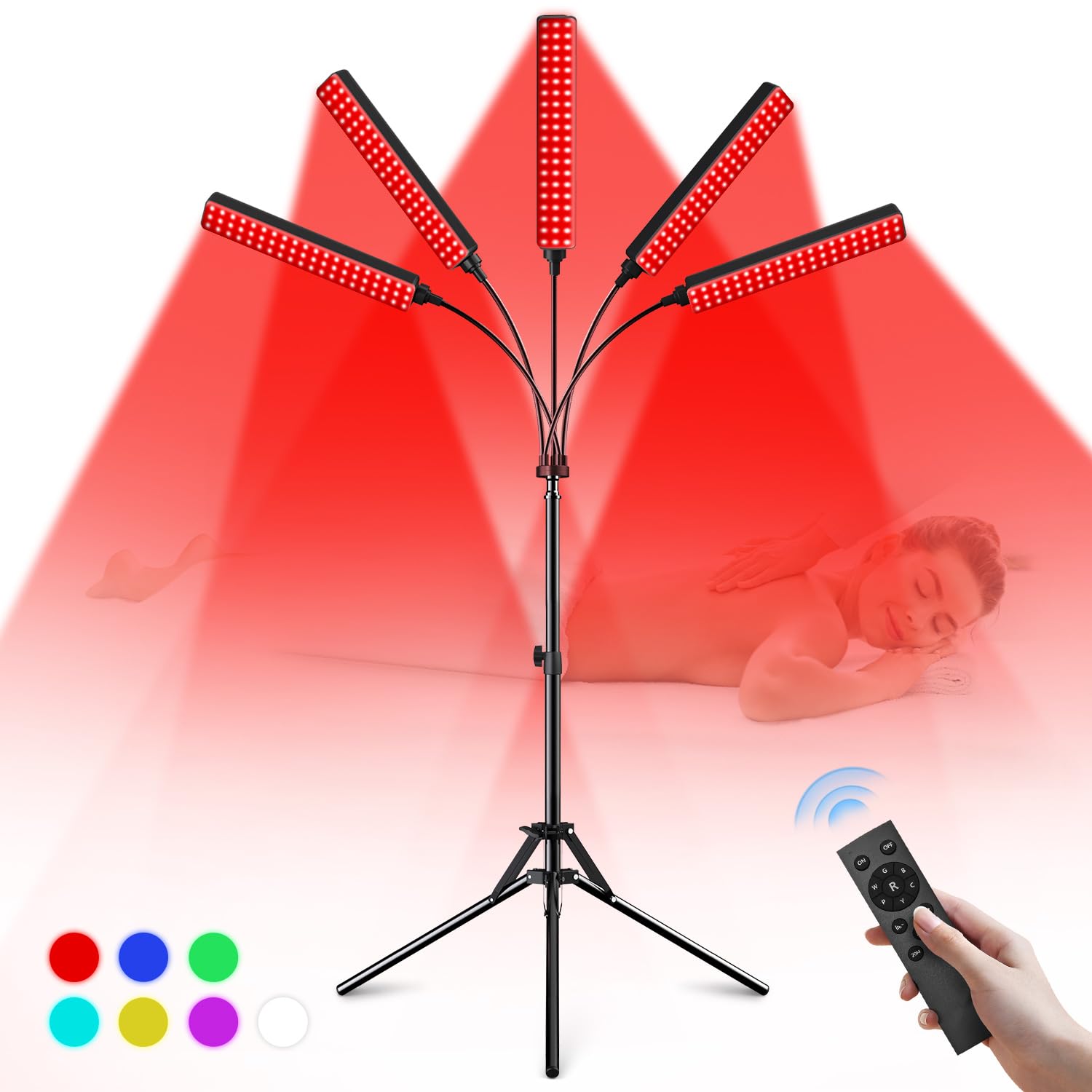 5-Head Red Light Therapy Device for Face & Body - 660nm & 850nm Near Infrared with 7 Color Options | Pain Relief, Skin Rejuvenation, Muscle Recovery | Perfect for Home Spa & Wellness Treatments