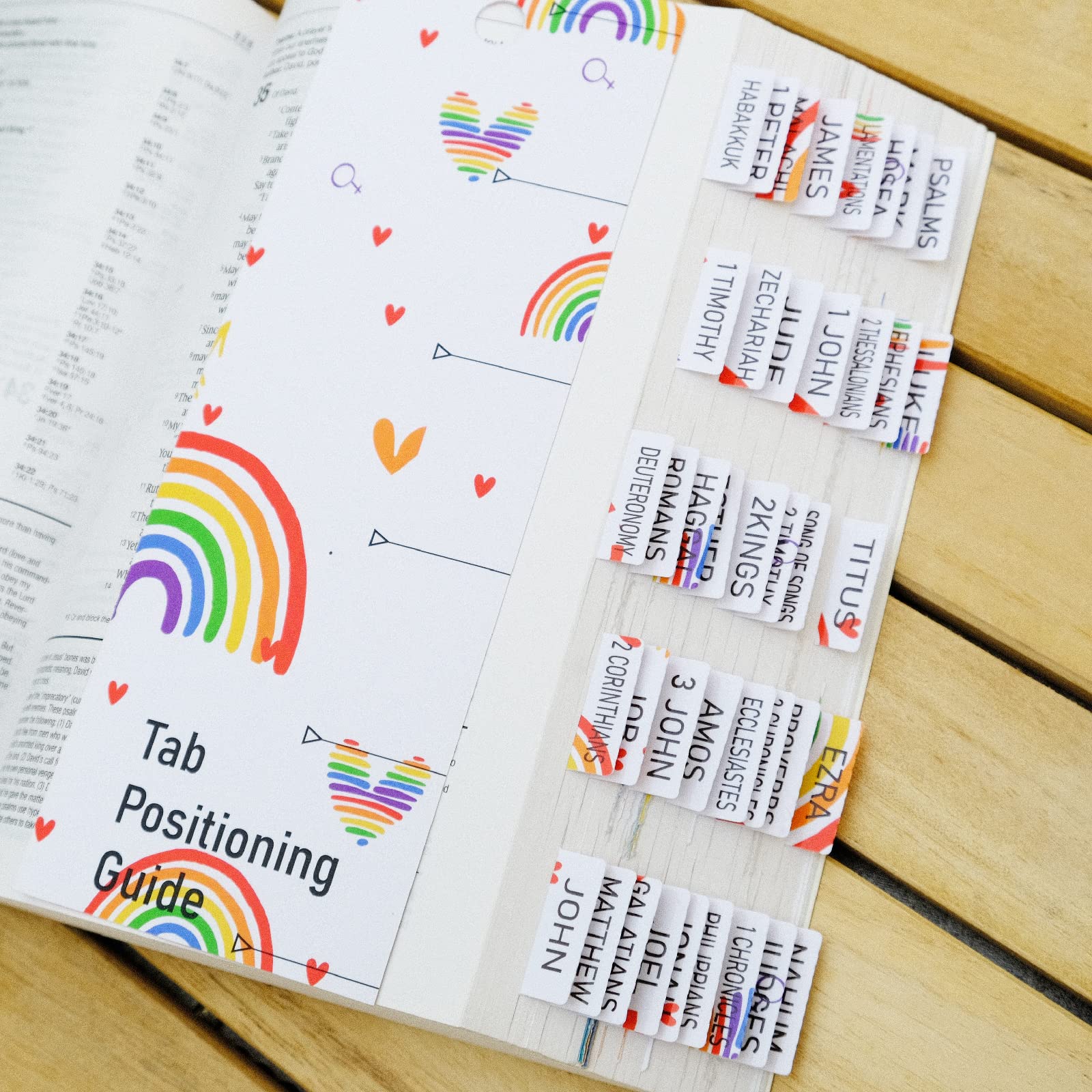Bible Index Tabs - 120 Pcs Self-Adhesive Stickers for Old & New Testament, Catholic Bible Study - Glossy Laminated Rainbow Hearts Theme - Perfect for Scripture Navigation & Bible Journaling
