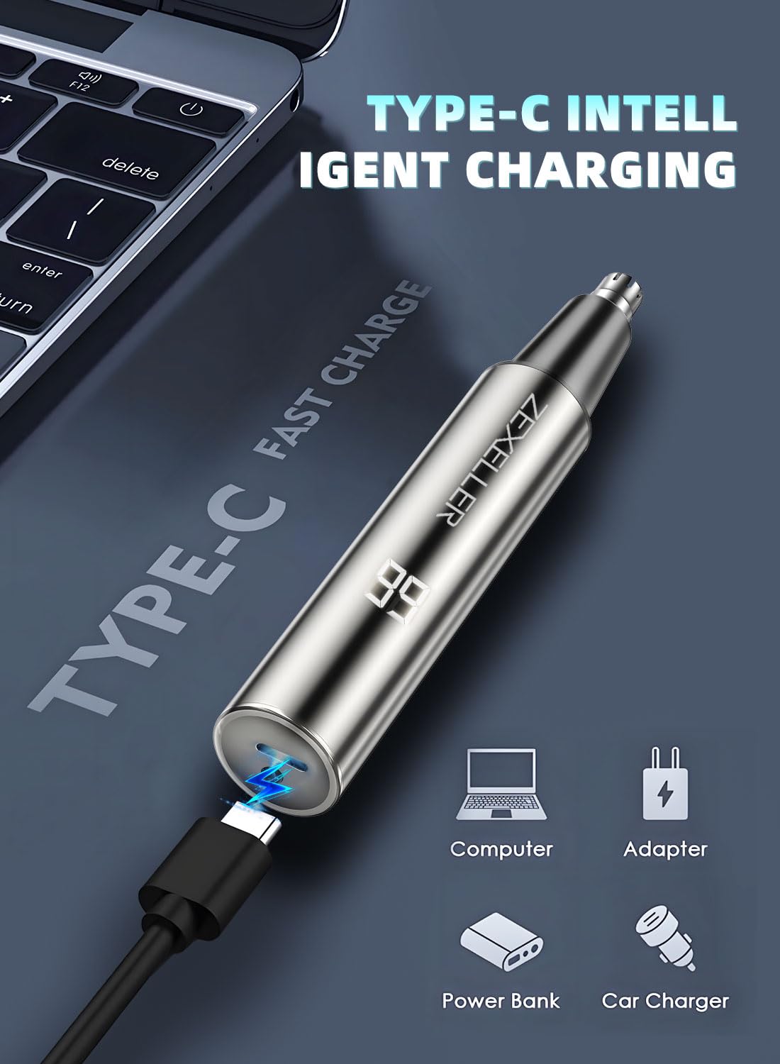 USB Rechargeable Nose & Ear Hair Trimmer for Men & Women - IPX7 Waterproof, Dual Edge Blades, 2-Speed Settings with LED Display | Painless Grooming for Home, Travel & Gym Use
