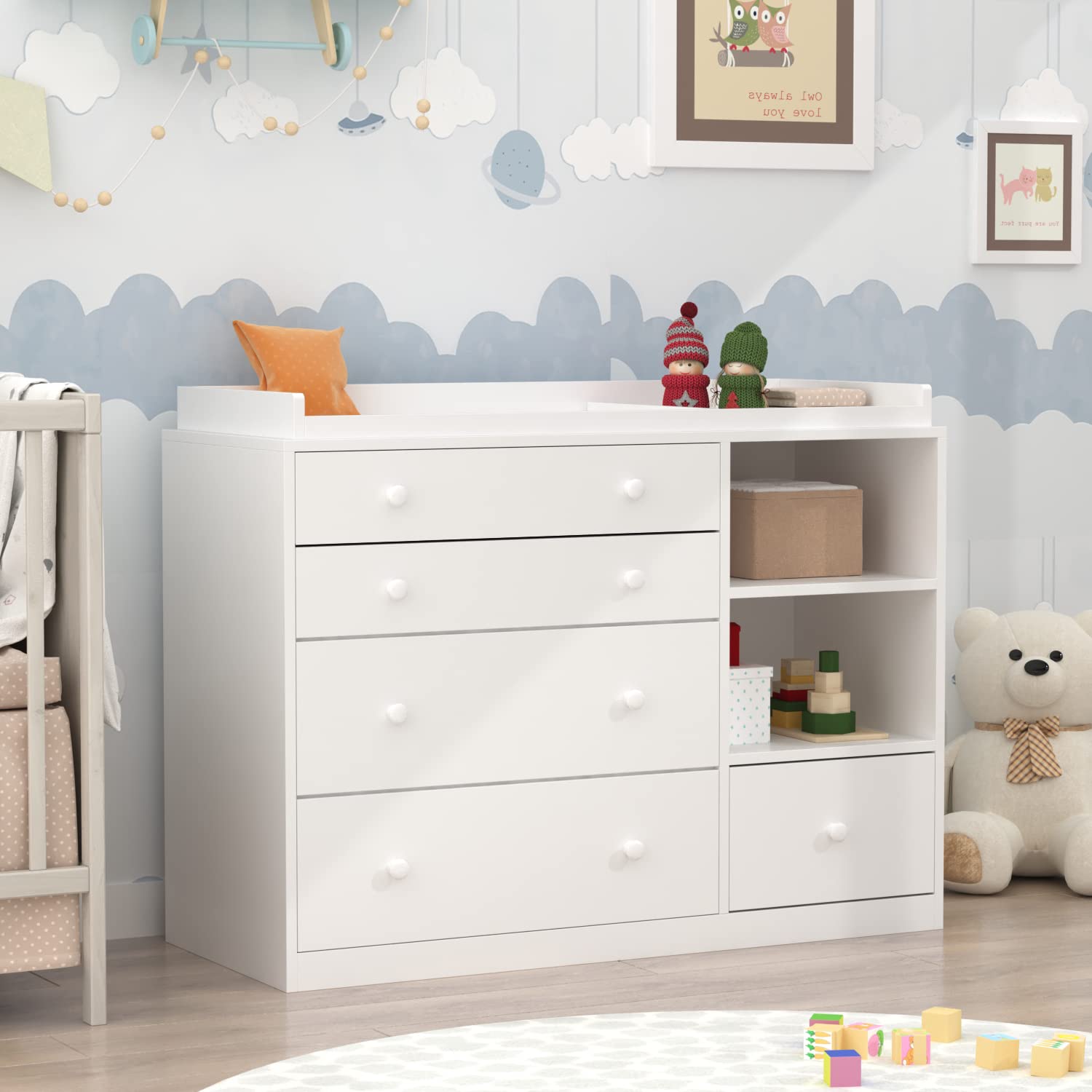 Modern White Nursery Dresser with 5 Drawers & 2 Open Shelves - 47.2