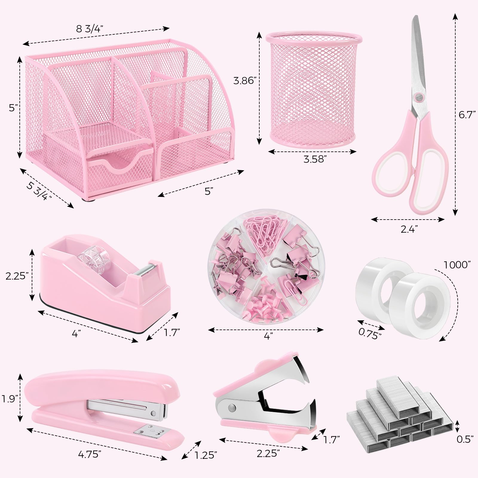 SKYDUE Pink Desk Organizer Set - Mesh Desk Accessories with Stapler, Tape Dispenser, Scissors, Binder Clips & 1000 Staples - Stylish Office Supplies for Women | Perfect for Home Office, School & Workspace Organization