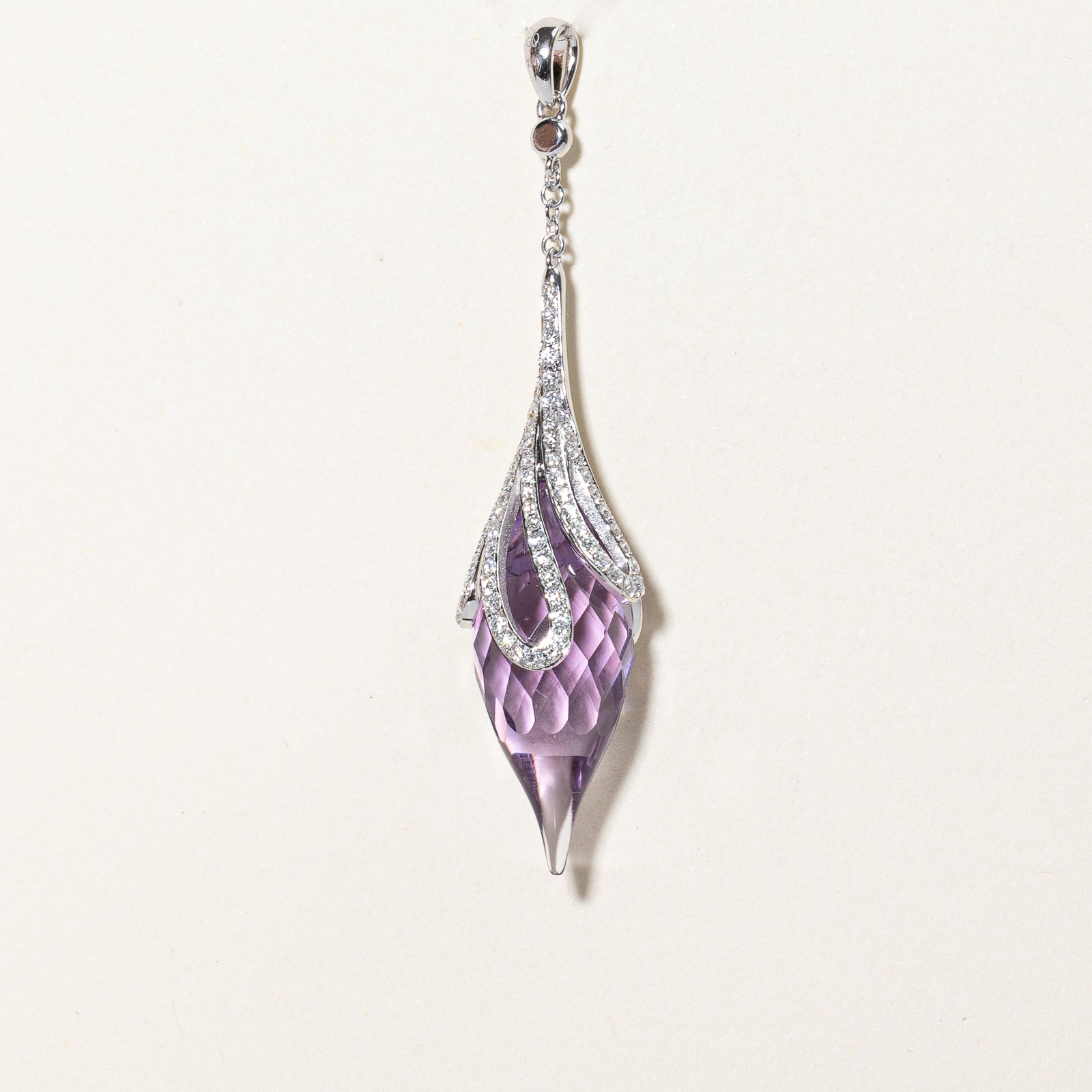 Briolette Amethyst & Diamond Drop Pendant Necklace - 7.00ct Natural Amethyst & 0.48ctw Diamonds - Elegant Jewelry Gift for Women - Perfect for Weddings, Anniversaries & Special Occasions