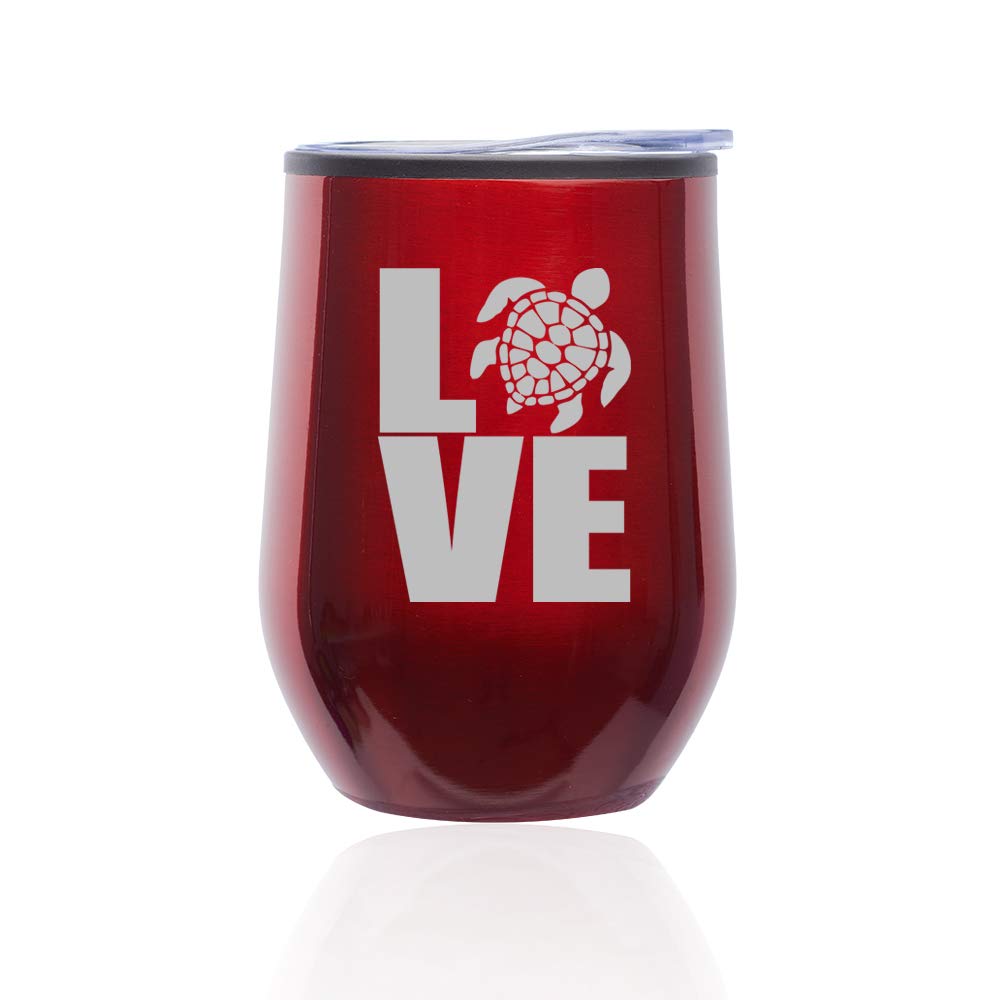 Stainless Steel Stemless Wine Tumbler with Lid - Insulated Coffee Travel Mug for Hot & Cold Drinks - Sea Turtle Design (Red) - Perfect for Beach, Picnics & Outdoor Adventures