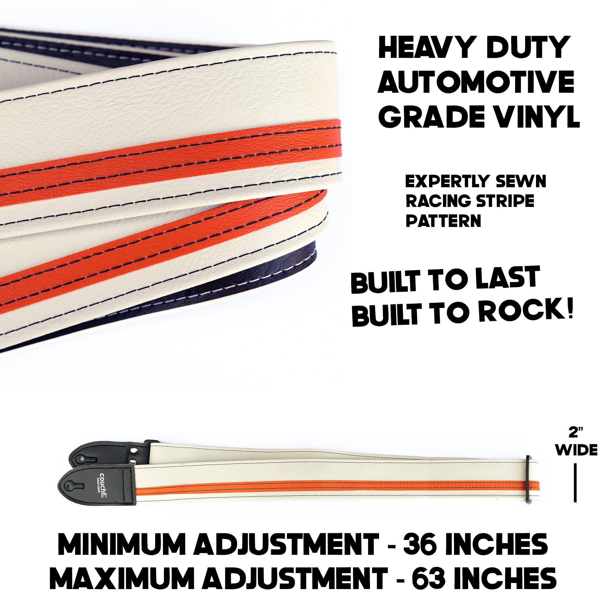 Premium USA-Made Couch RACER X Guitar Strap - White & Orange Design - Comfortable & Durable for Electric & Acoustic Guitars - Perfect for Live Performances, Studio Sessions & Casual Playing