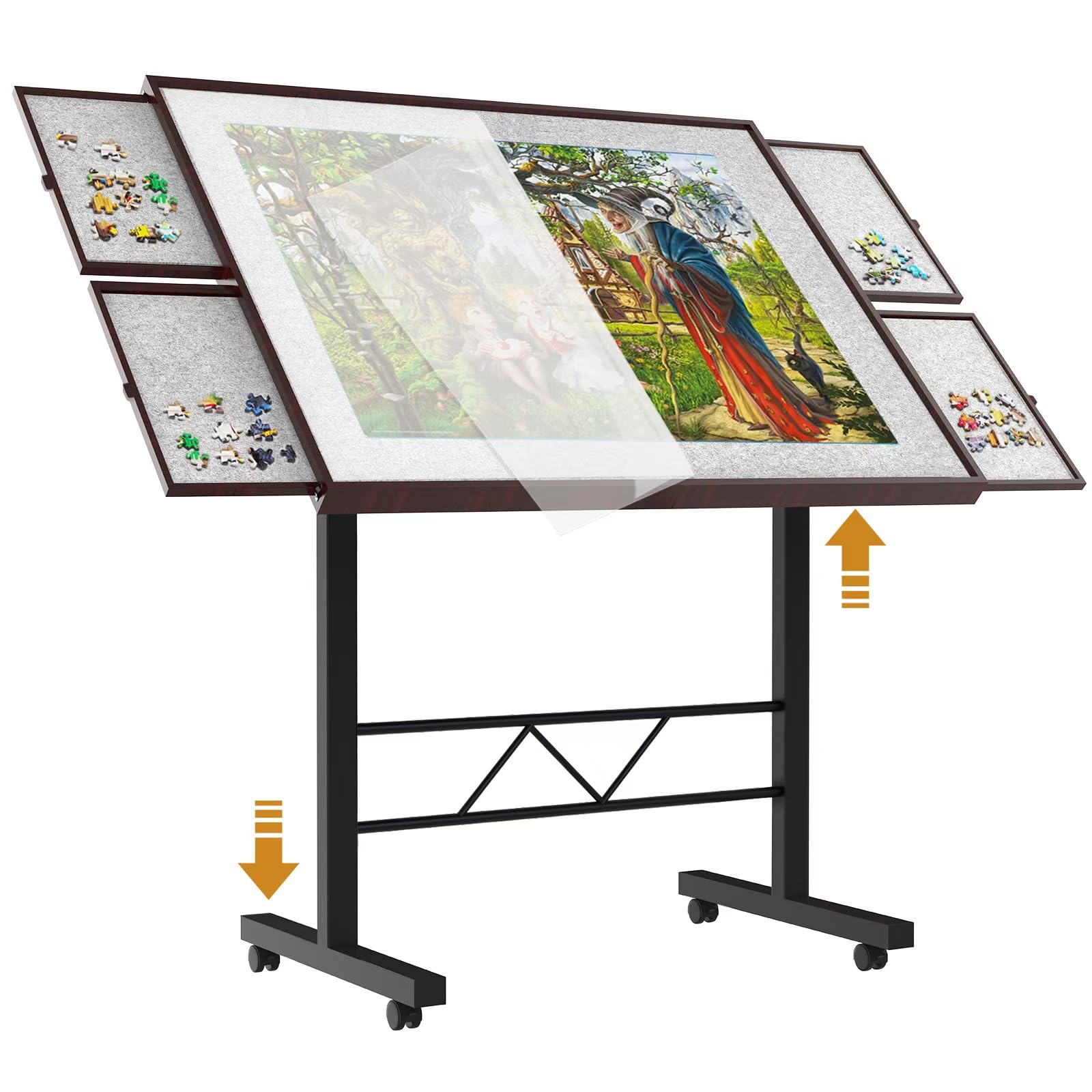 1500-Piece Adjustable Height Jigsaw Puzzle Table with Cover & 4 Drawers - 34×26in Puzzle Board for Adults (Coffee Color) - Perfect for Family Game Nights, Relaxation & Home Decor