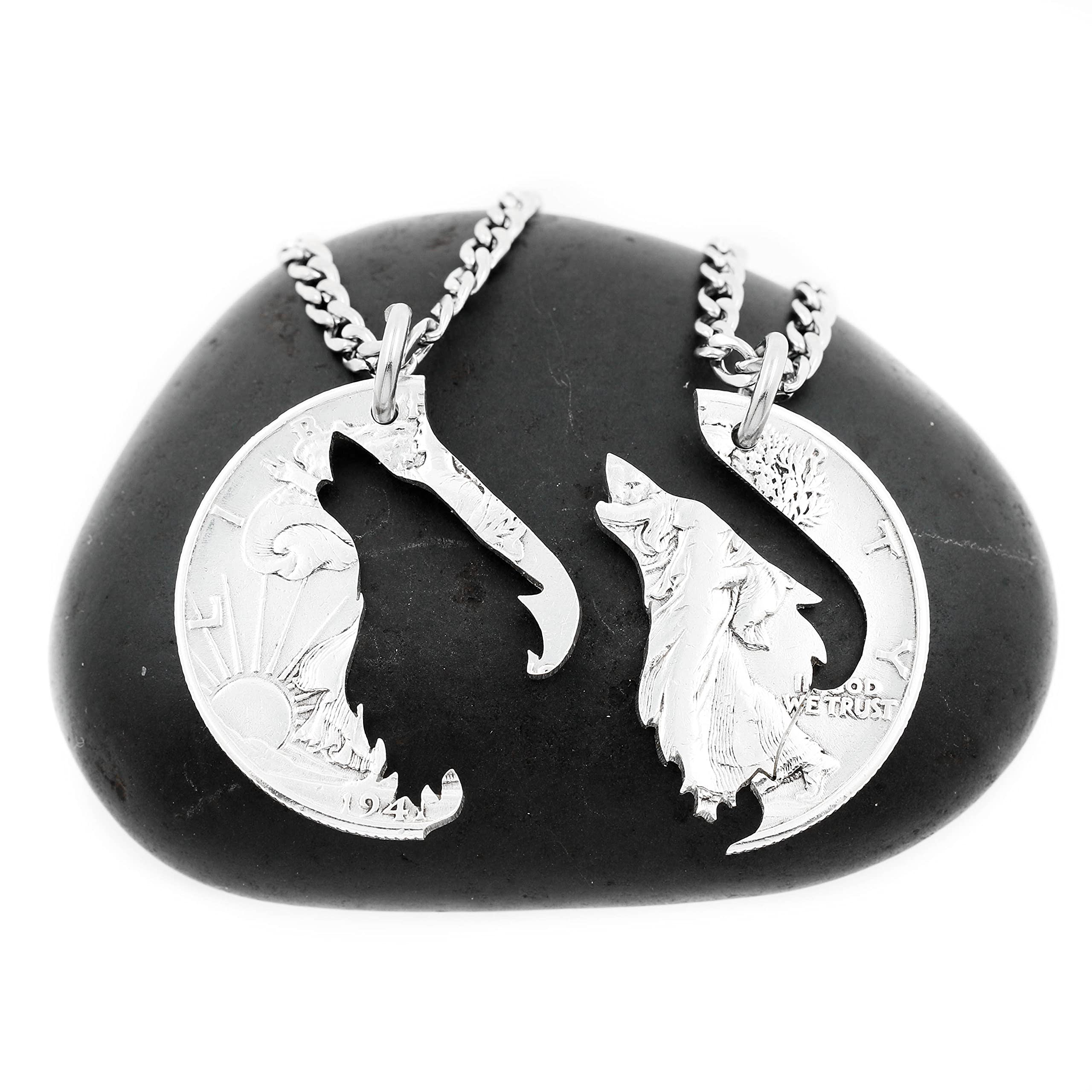 Howling Wolf Couple Necklace Set - Handmade His & Her Matching Puzzle Coin Jewelry - Perfect for Anniversaries, Valentine's Day & Romantic Gifts
