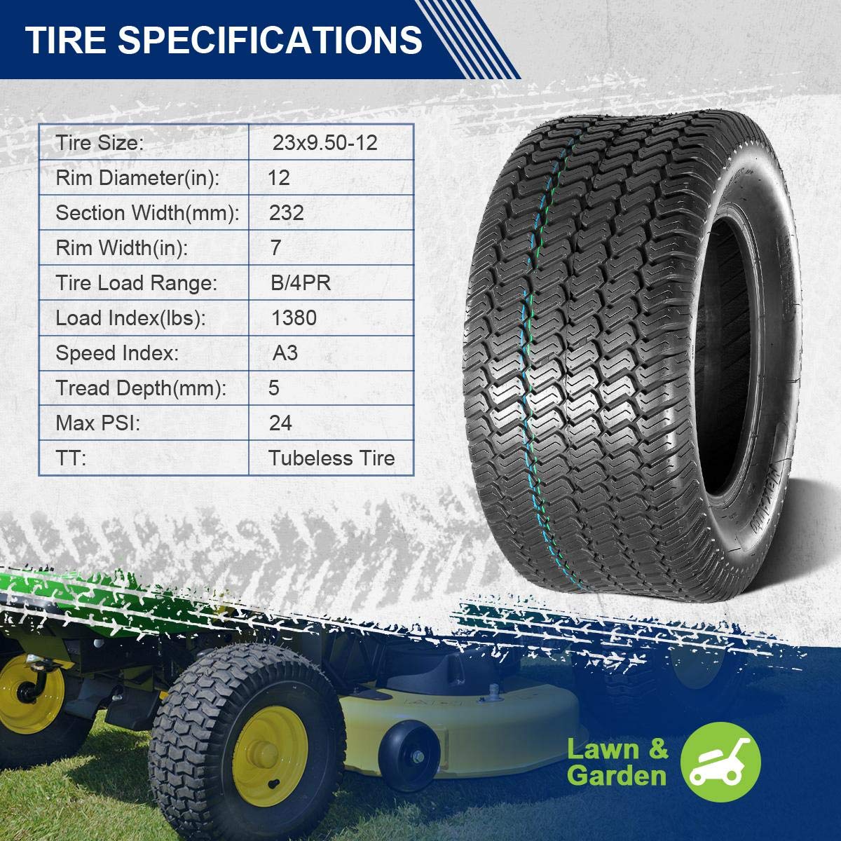 MaxAuto 16x6.50-8 & 23x9.50-12 Lawn Mower Tires - 4PR Tubeless Tractor Golf Cart Turf Tires Set of 4 - Perfect for Riding Mowers, Tractors, and Golf Carts on Grass & Turf Surfaces
