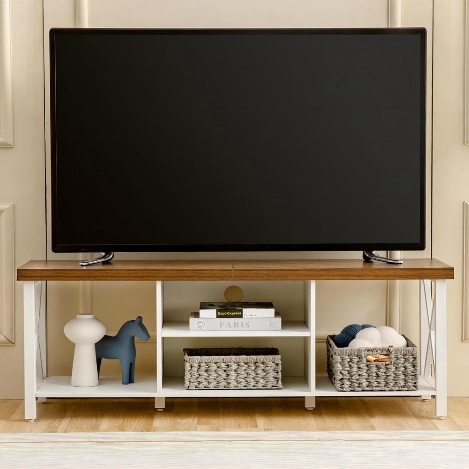 GAZHOME 65 Inch TV Stand with Open Storage & Shelves - Modern TV Cabinet for Living Room & Entertainment Center - White - Perfect for Home Theater & Media Organization