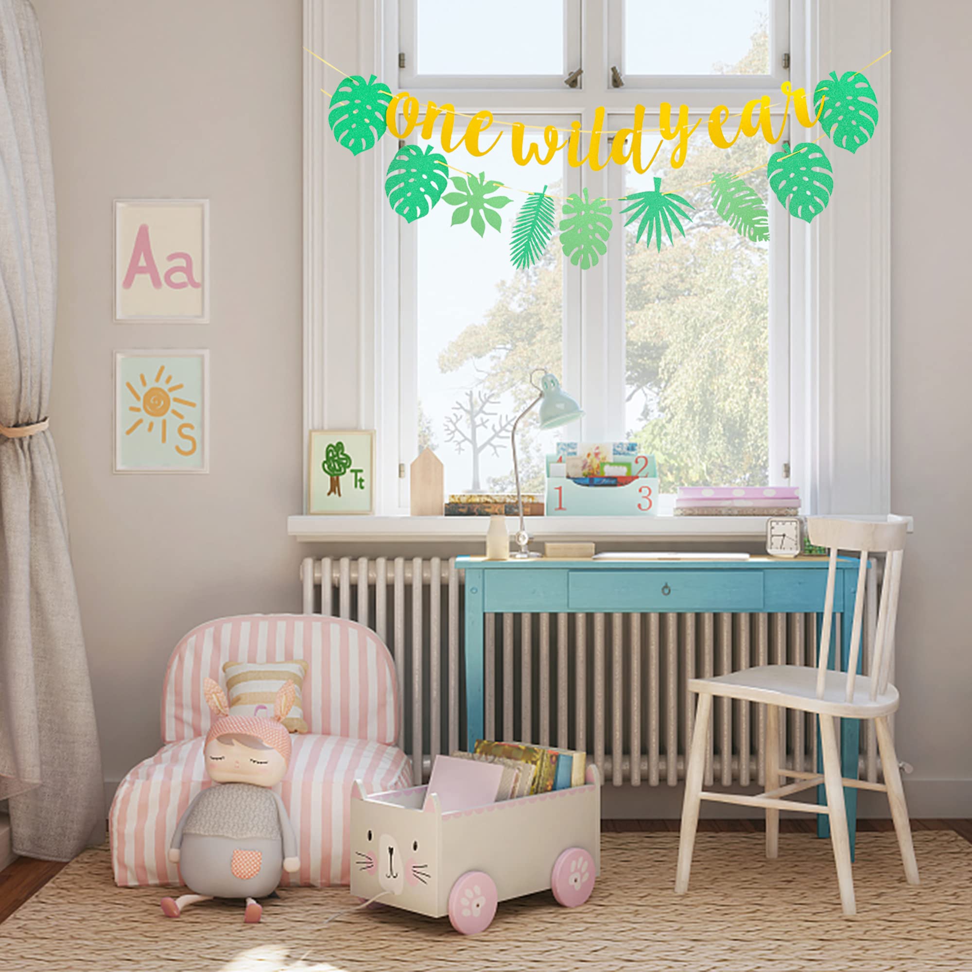 Gold Glitter Wild One Birthday Banner with Tropical Palm Leaves & Turtle - 1st Birthday Party Decor, Baby Shower Garland Sign - Perfect for Jungle Theme Celebrations, Nursery Wall Decor & Photobooth Backdrops
