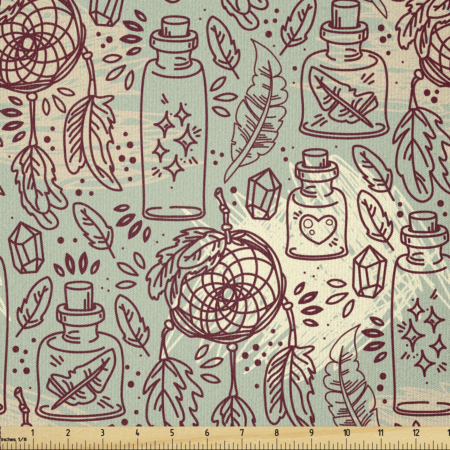 Ambesonne Boho Stretch Knit Fabric by The Yard - Feathers, Crystals, Bottles, Alchemy Design, Tribal Glass Flasks & Dreamcatcher Pattern - 10 Yards in Maroon Seafoam Ivory - Perfect for Clothing Sewing, DIY Arts & Crafts, Home Decor, and Bohemian Fashion Projects