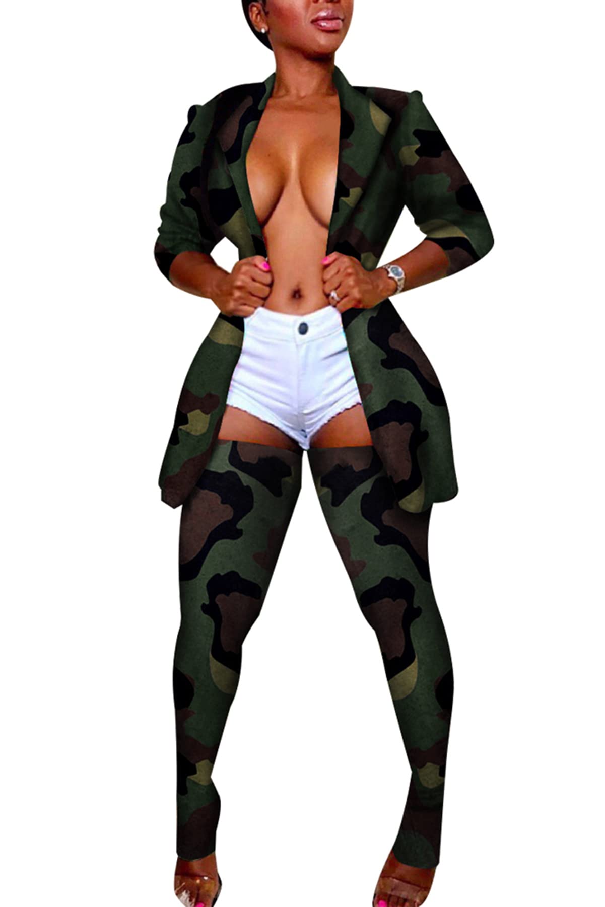 Sexy Women's 2 Piece Outfit Set - Open Front Blazer Jacket & Thigh High Stockings with Leggings | Perfect for Date Night, Club Wear & Office Fashion