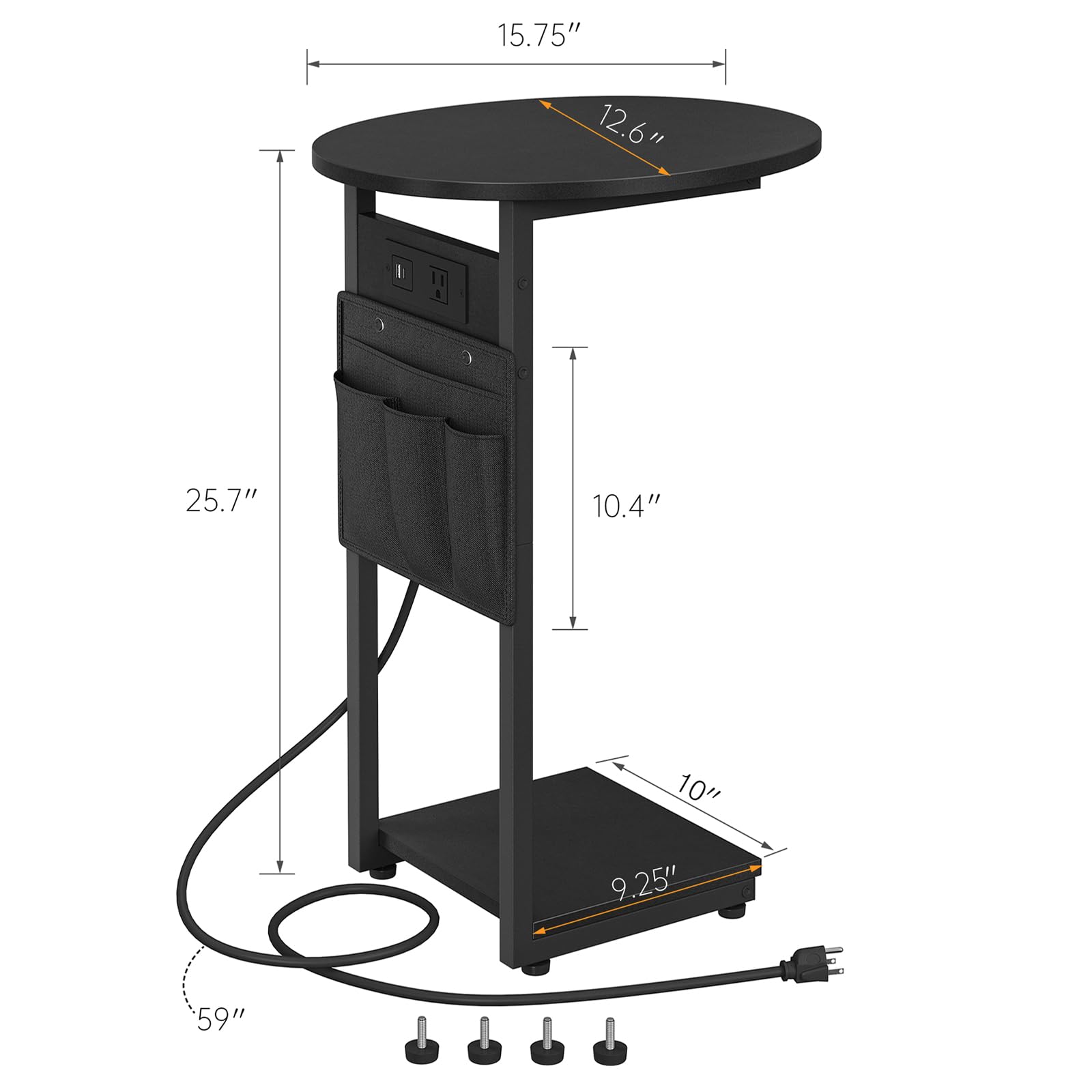 Vagusicc C-Shaped End Table with USB Charging Station - Small Side Table for Couch, Sofa & Bedroom - Round TV Tray Slide Under Sofa Table - Modern Living Room Furniture (Black) - Perfect for Small Spaces, Apartment Living & Home Office Use