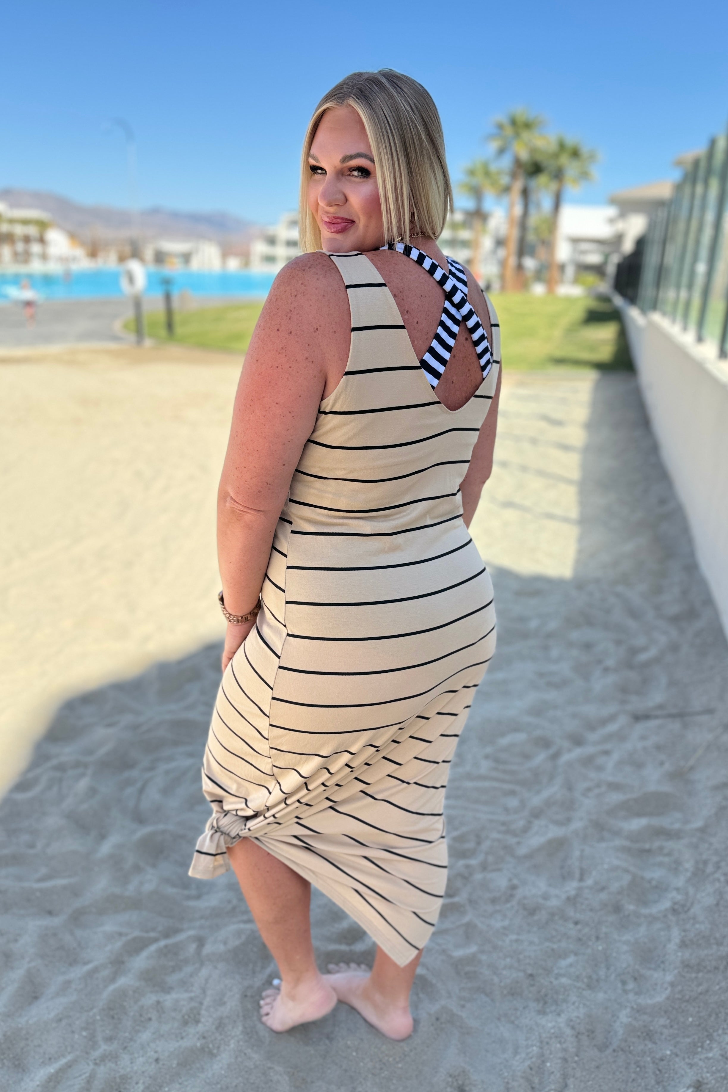 Khaki Sleeveless Maxi Dress for Women - Flowy Summer Beach Dress, Casual Boho Chic Outfit for Vacations & Outdoor Events