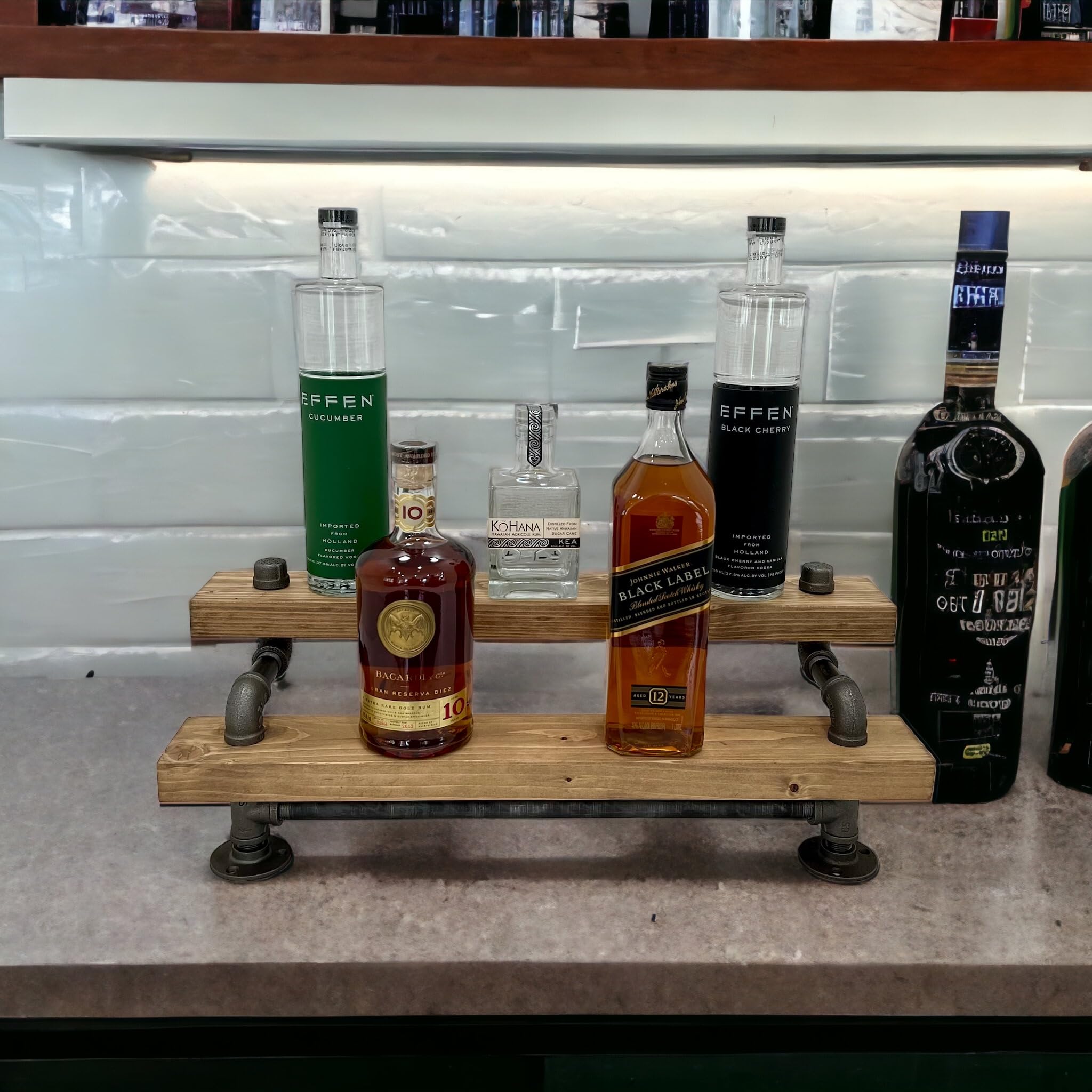 2-Tier Industrial Bar Display Shelf - Freestanding Liquor & Wine Bottle Organizer - 18