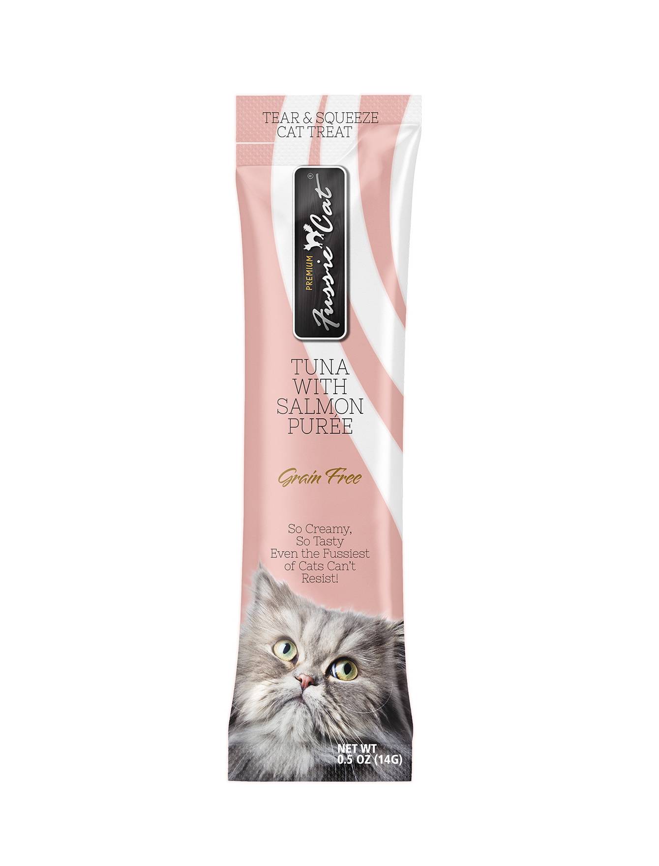 Premium Fussie Cat Puree Tuna & Salmon Cat Treats - 14g x 4 Pack | Grain-Free Wet Cat Food Topper for Kittens & Adult Cats | Perfect for Training, Rewards & Picky Eaters