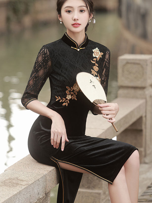 Elegant Black Embroidered Velvet Qipao Dress for Women | Traditional Chinese Cheongsam | Perfect for Mother's Day, Weddings & Special Occasions