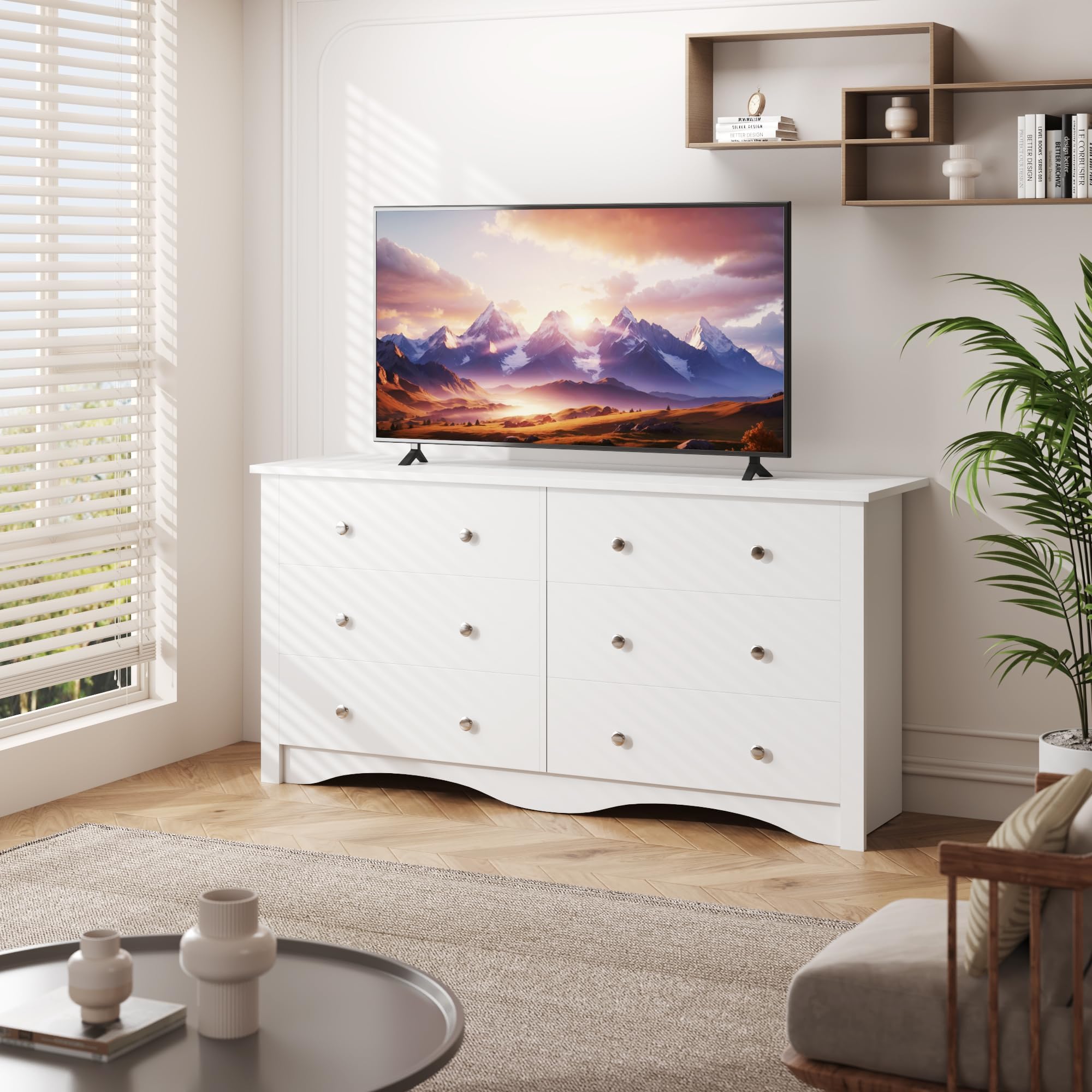 Furmax 6-Drawer Wooden Dresser for Bedroom & Living Room - White TV Stand with Storage for 65 Inch TVs - Perfect for Hallway, Entryway & Home Organization