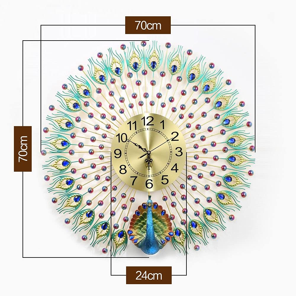 European Peacock Wall Clock - Elegant Crystal Living Room Decor, Creative Personality Art Wall Clock for Bedroom, Kids Room, Kitchen & Home Office - 27.5 Inch (70cm) - Perfect for Home, Office & Gift Giving
