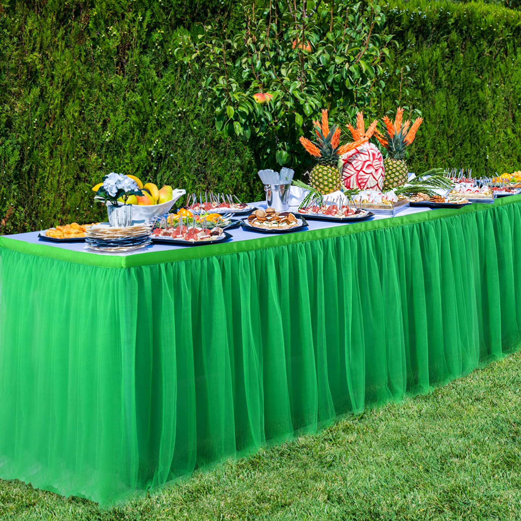 Suppromo 9ft Green Tulle Table Skirt - Elegant Ruffle Tutu Tablecloth for Rectangle & Round Tables | Perfect for Birthday Parties, Baby Showers, Jungle Luau & Safari Theme Decorations | Wedding, Bridal Shower & Holiday Party Table Decor