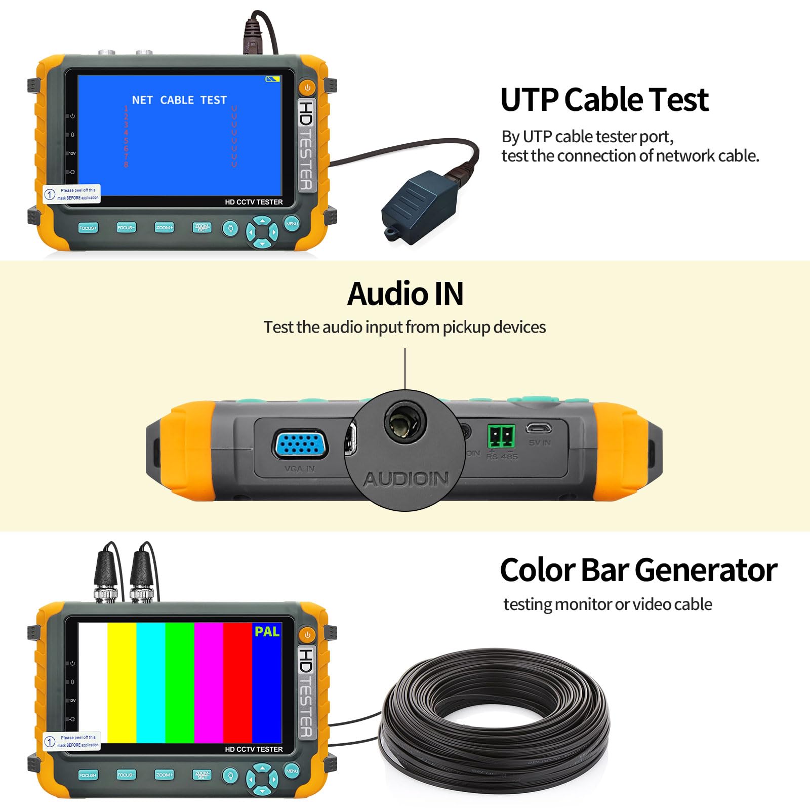 Henkion 5-inch HD Coaxial CCTV Camera Tester - 4K 8MP Monitor for TVI/CVI/AHD/CVBS Analog Video with RS485, Audio, HDMI & VGA - DC12V Output & PTZ Control - Perfect for Security System Installation & Maintenance