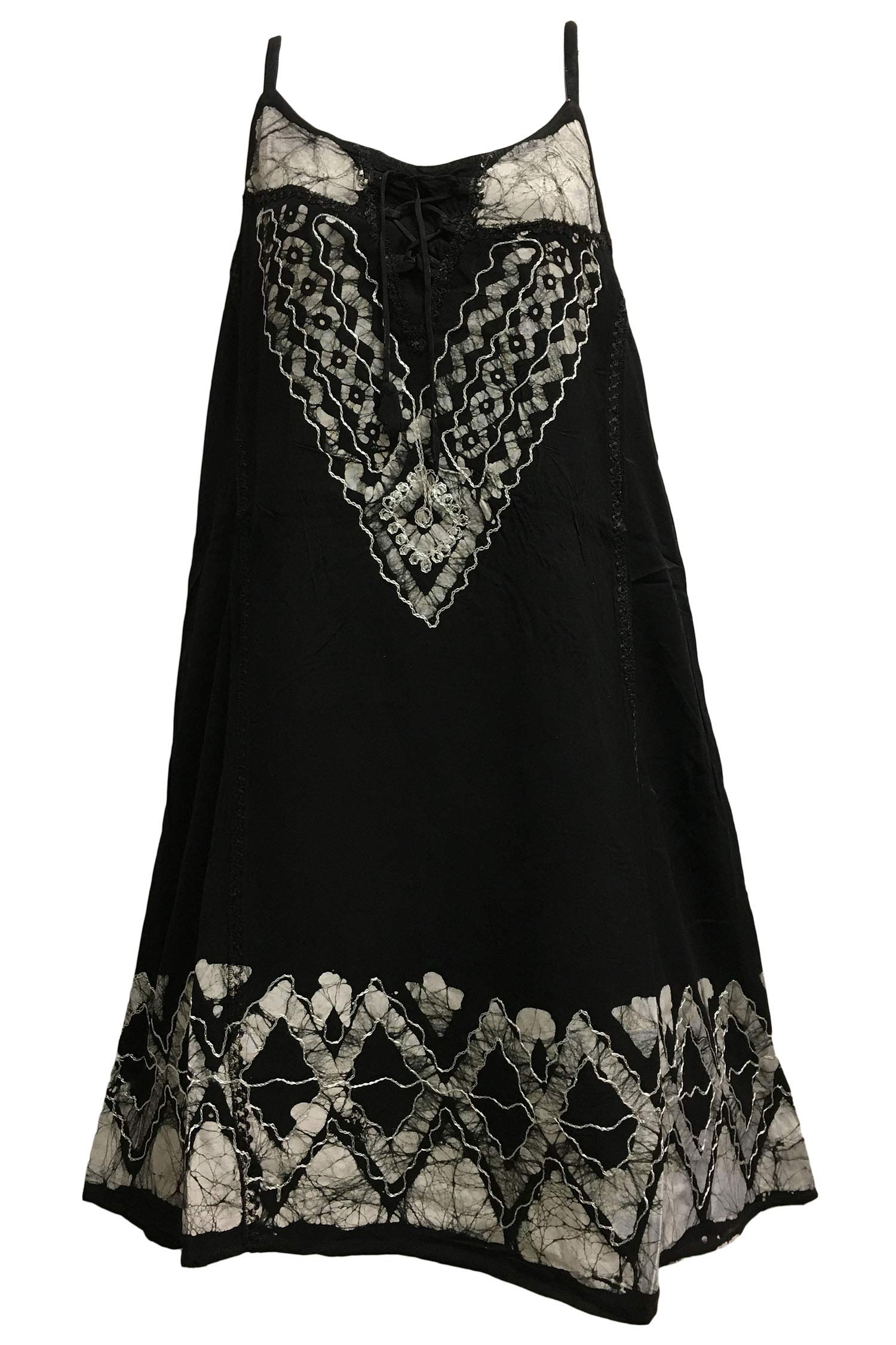 Yoga Trendz Women's Ethnic Batik Print Boho Embroidered Cami Baby Doll Mid Length Dress (#9 Black & White) - Perfect for Yoga, Beach Vacations & Boho Fashion