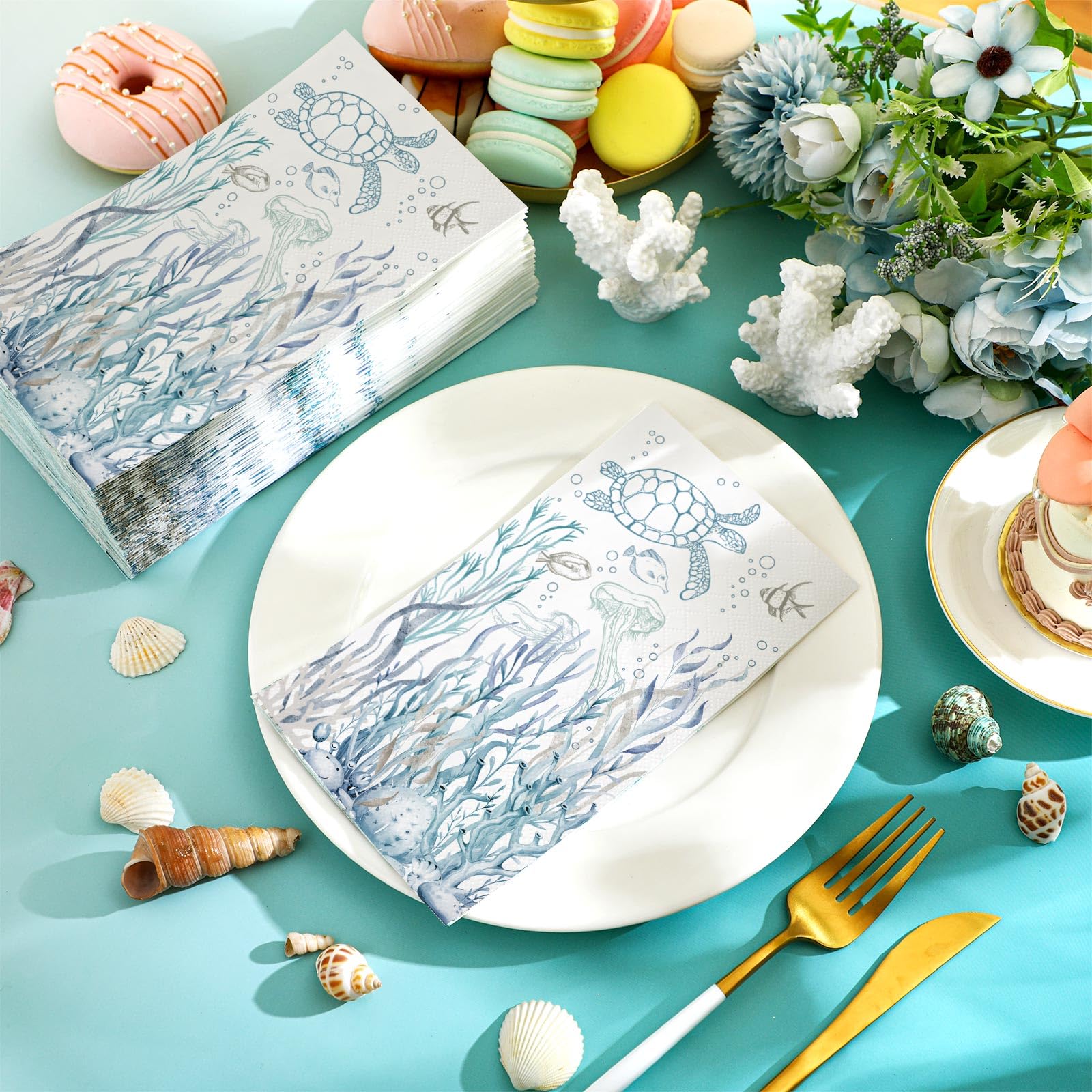 200 Pcs Coastal Turtle Bathroom Paper Guest Towels - 2 Ply Summer Guest Napkins, Blue Bathroom Paper Hand Towels, Jellyfish Dinner Napkins, Nautical Theme for Wedding, Baby Shower, Holiday Party - Perfect for Beach Themed Events, Coastal Home Decor & Ocean Inspired Gatherings