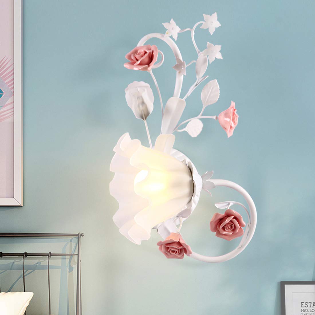 European Style Ceramic Pink Rose Wall Lamp with Glass Shade - Bedside Sconce Lighting for Bedroom, Living Room, Hallway & Balcony | Romantic Home Decor & Ambient Lighting