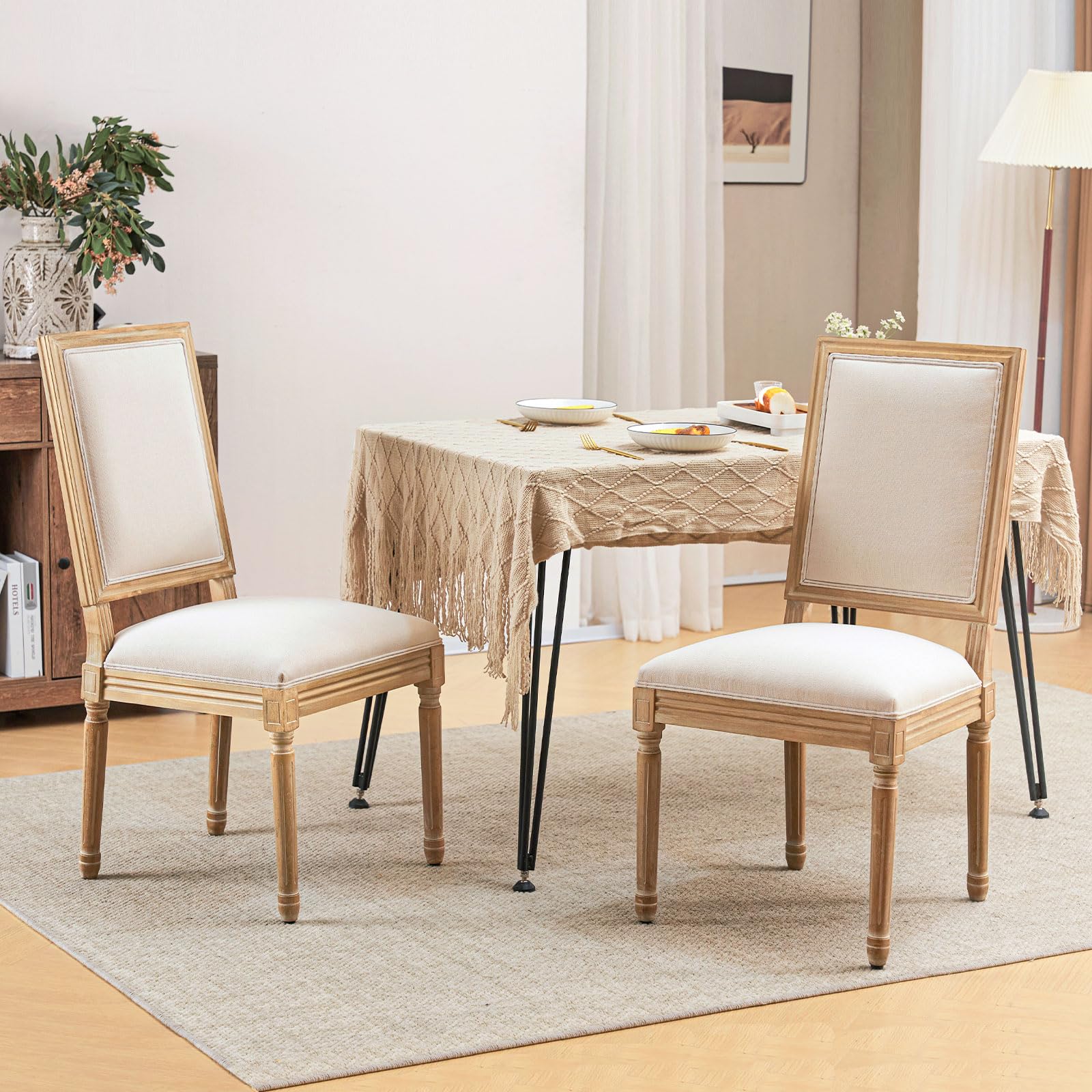 Furniliving French Country Dining Chairs Set of 4 - Upholstered Farmhouse Kitchen Chairs with Back for Dining Room, Living Room, Restaurant (Beige Square) | Perfect for Farmhouse Decor, Rustic Weddings & Cozy Home Dining