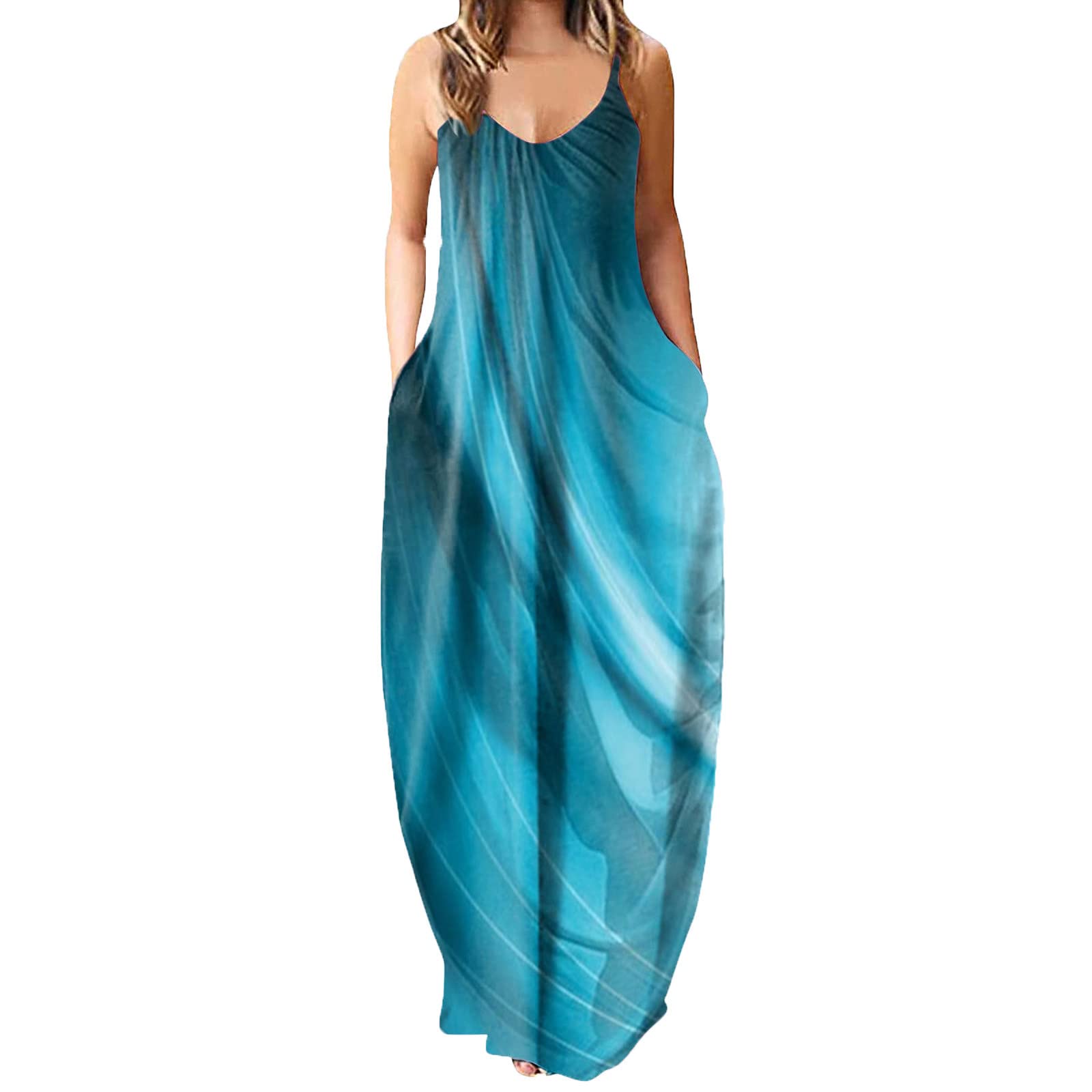 Women's Casual Summer Sleeveless Maxi Dress - Strappy V-Neck Floral Palm Print Sundress with Pockets | Beach Wear, Vacation Outfit, Party Dress, Boho Chic Fashion
