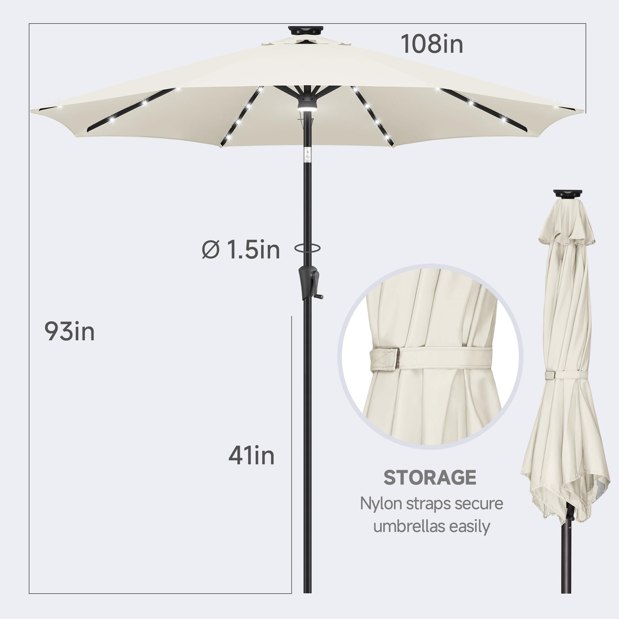 FLAME&SHADE 9 ft Solar Powered LED Patio Umbrella with Tilt - Waterproof Outdoor Market Umbrella for Pool, Garden, Deck - Ivory Sun Shade with Auto Lights for Evening Dining