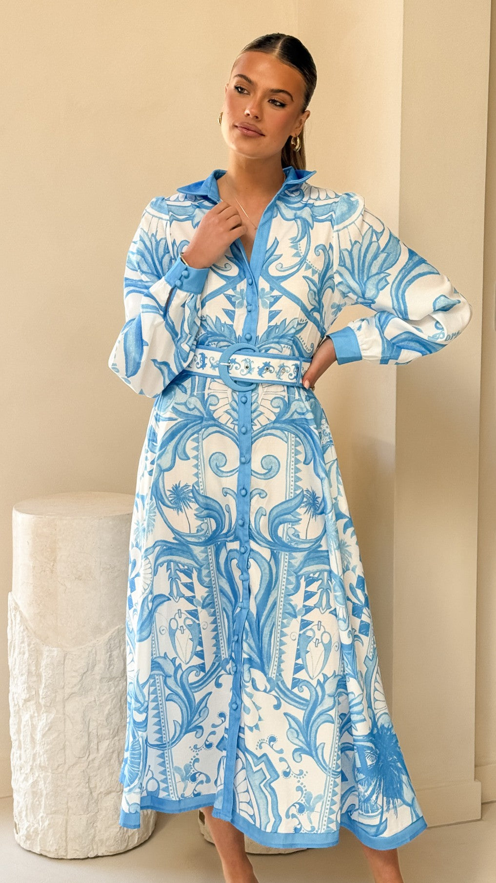 Madeline Long Sleeve Midi Dress - Portofino Azure Blue Flowy Women's Dress for Casual Wear, Office & Date Night