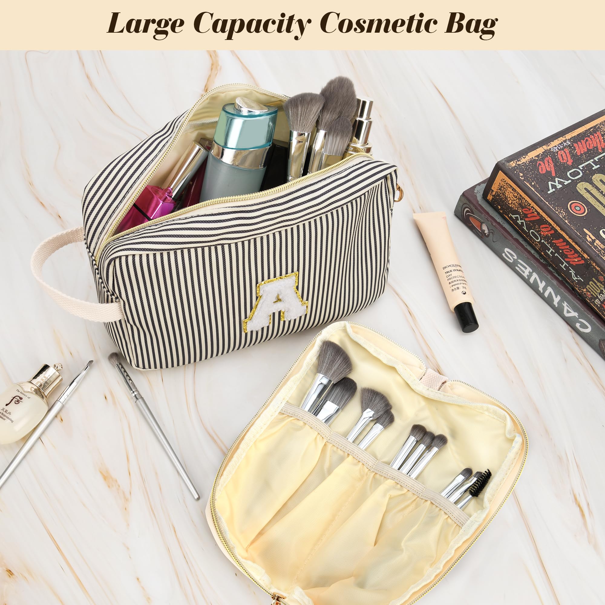 Personalized Initial Makeup Bag Set for Women & Teens - Cute Cosmetic Travel Pouch with Handle & Makeup Brush Organizer (Green & White Stripes) | Perfect Gift for Birthdays, Travel, and Daily Skincare Routine