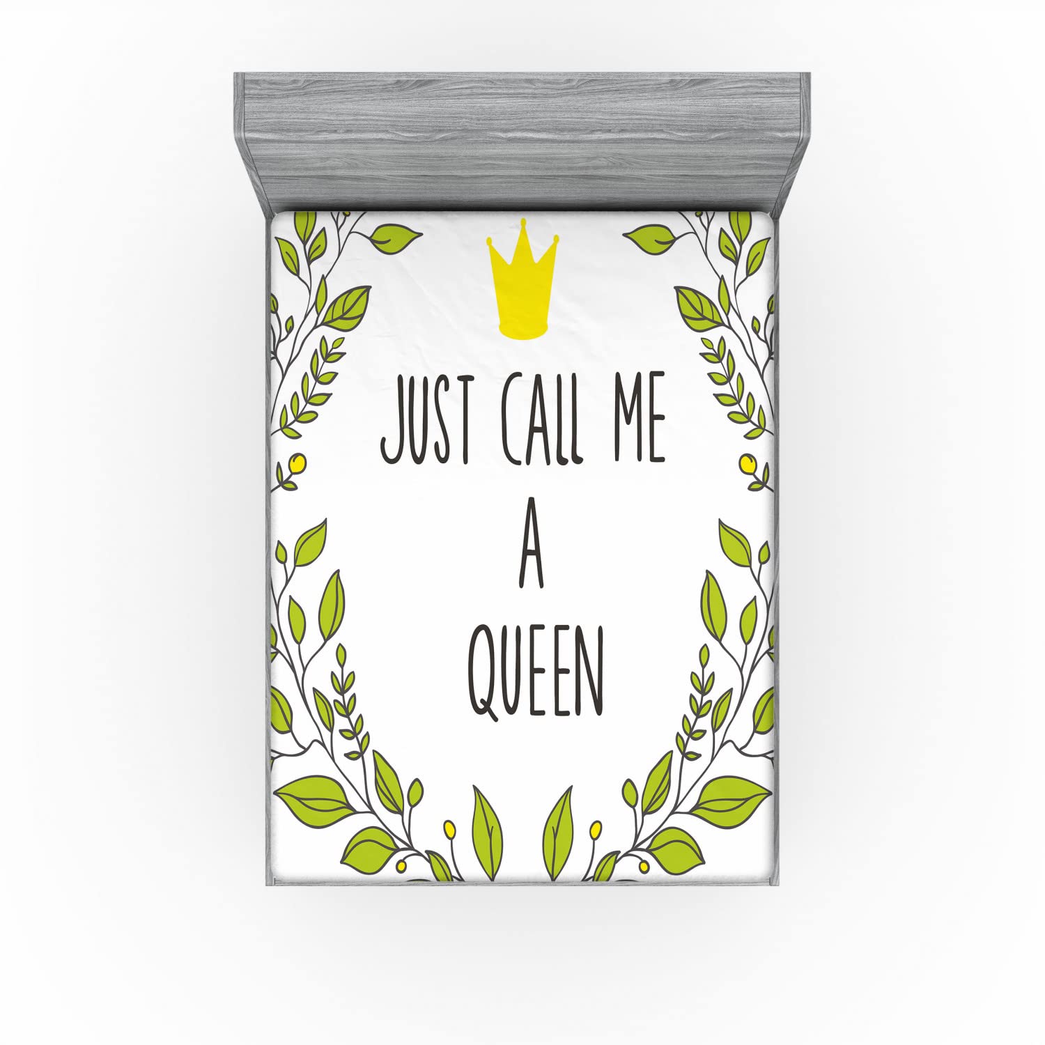 Ambesonne Queen Fitted Sheet - Wreath Branches with 'Just Call Me Queen' Lettering & Crown Design, Deep Pocket All-Around Elastic Bed Cover, Queen Size in Grey Apple Green | Perfect for Guest Rooms, Master Bedrooms & Luxury Hotel Stays