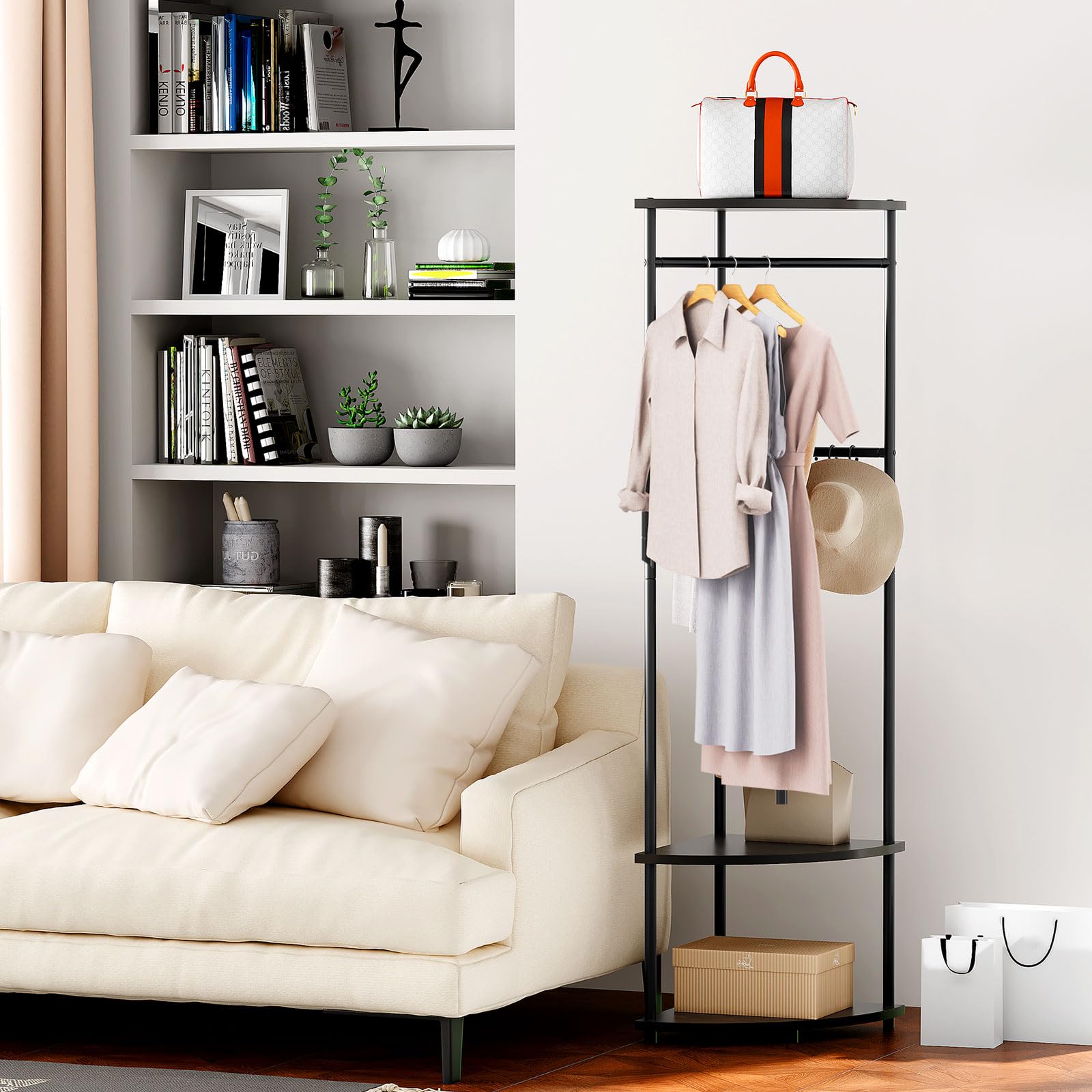 Freestanding Corner Coat Rack with Shelves & Adjustable Hooks - Entryway Hall Tree Organizer for Clothes, Hats, Bags & Shoes (Black) - Perfect for Small Spaces, Apartments & Mudroom Organization