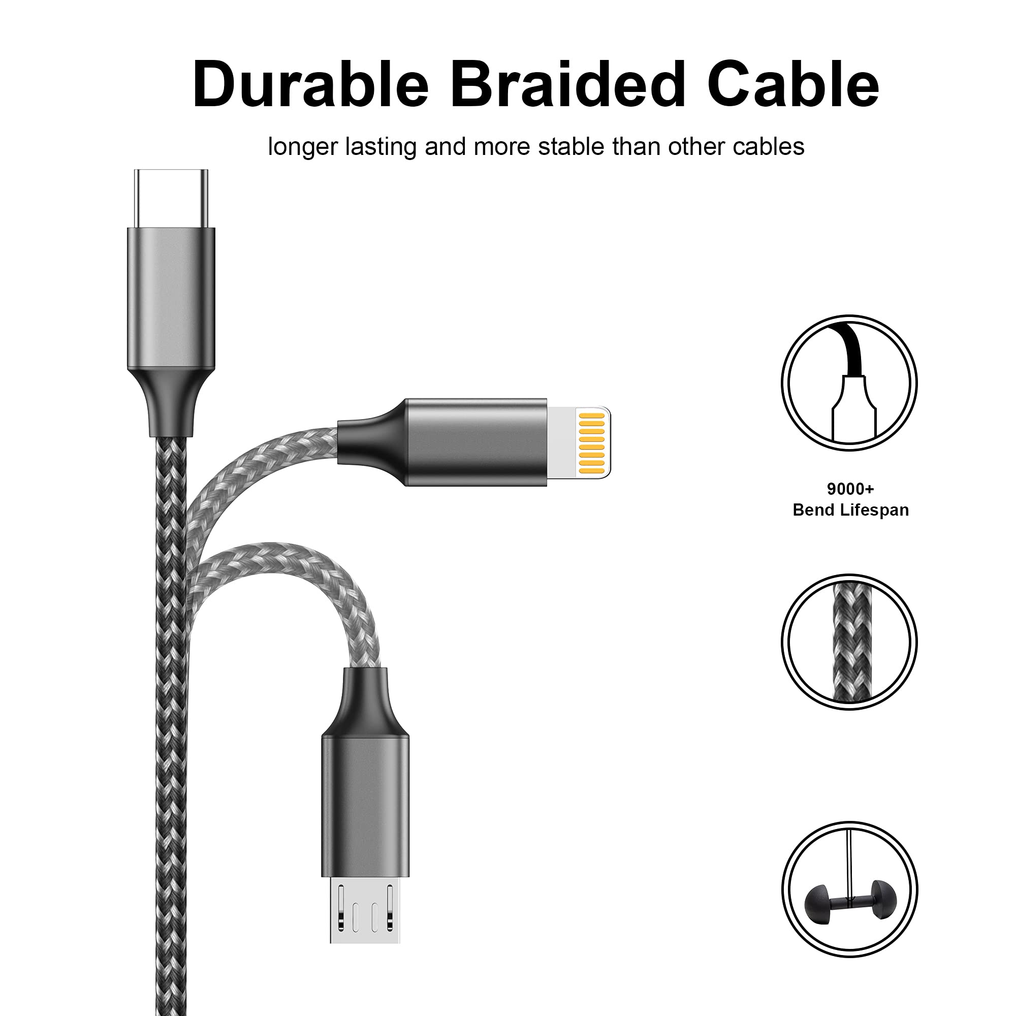 4-in-1 Multi Charger Cable with Lightning/Micro USB/USB-C - 1.2M Nylon Braided Fast Charging Cord for iPhone 12/11/XS, Samsung S20/S10/S9/S8, Huawei, Nexus, Nokia (Grey) - Perfect for Home, Office & Travel Charging Needs