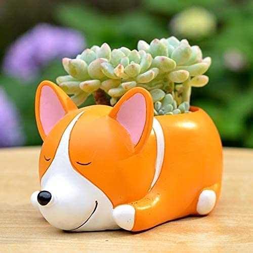 Cute Animal Cartoon Planter - Resin Desktop Flower Pot for Cactus, Succulents & Plants | Dog & Corgi Shaped Decorative Vase | Perfect for Home, Office Desk Decor & Gift Idea