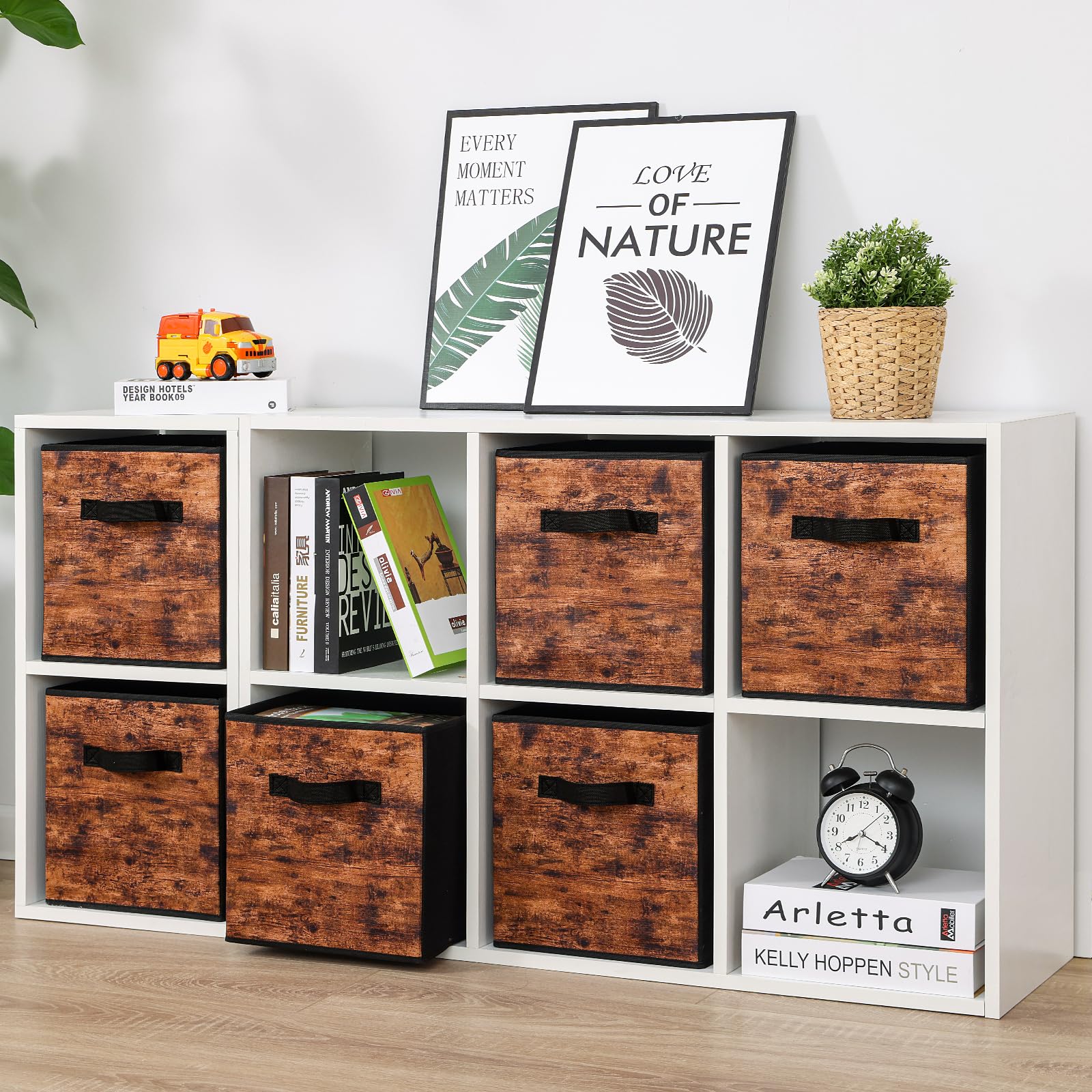 Stereo Fabric Storage Cubes, 6-Pack Foldable Closet Organizer Bins with Handles - 11 Inch Decorative Storage Baskets for Shelves, Bedroom, Nursery & Office - Rustic Brown & Black - Perfect for Home Organization & Small Space Storage