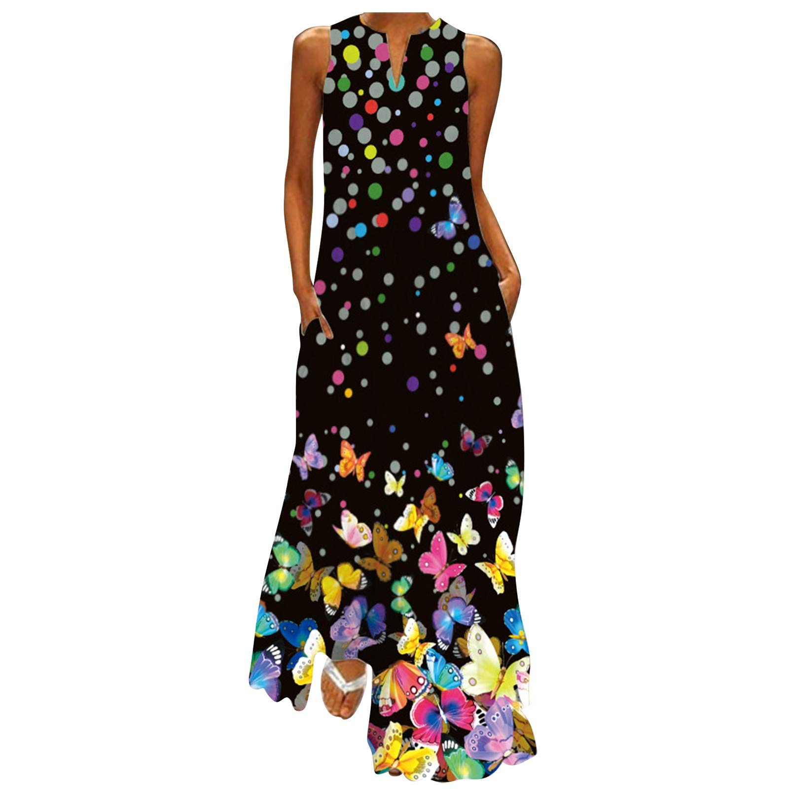 Women's Floral Printed Ruffle Maxi Dress - Casual Sleeveless Loose Summer Dress with Round Neck | Perfect for Beach Vacations, Garden Parties & Date Nights