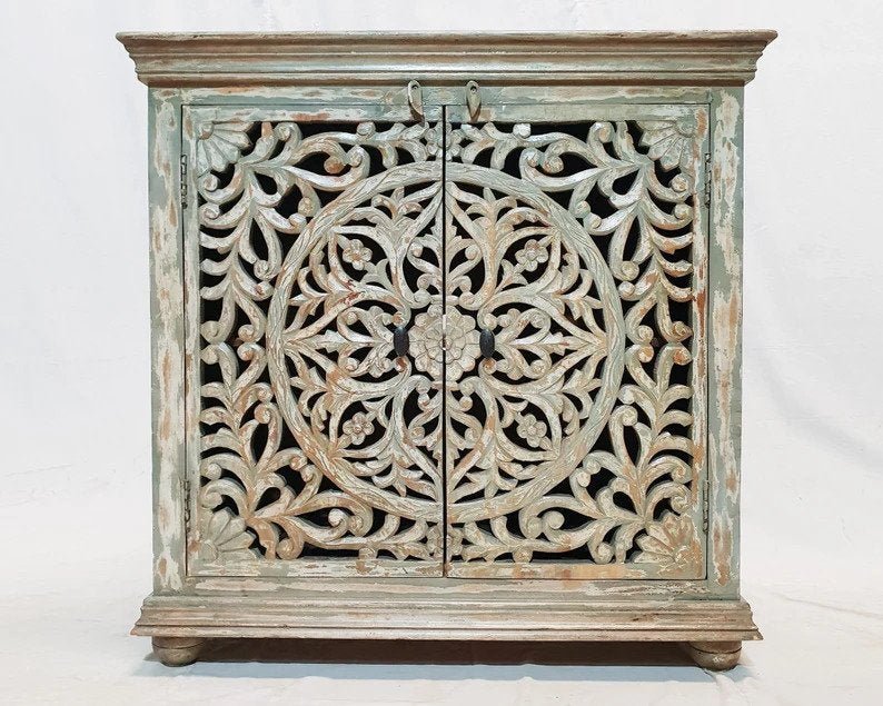 Hand Carved French Wooden Cabinet - Rustic Small Sideboard with Two Doors | Perfect for Farmhouse, Cottage & Vintage Home Decor