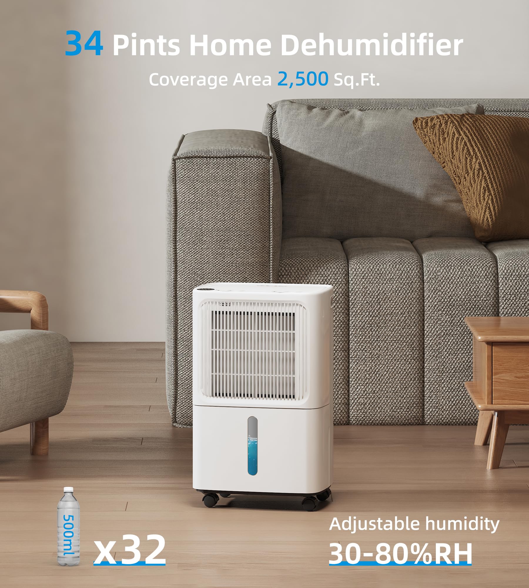2500 Sq. Ft Energy Efficient Dehumidifier for Basement & Large Rooms - 34 Pint Capacity with Auto/Manual Drain, Digital Control Panel, Auto Defrost, 24H Timer & Child Lock - Perfect for Home, Office, Garage & Damp Spaces