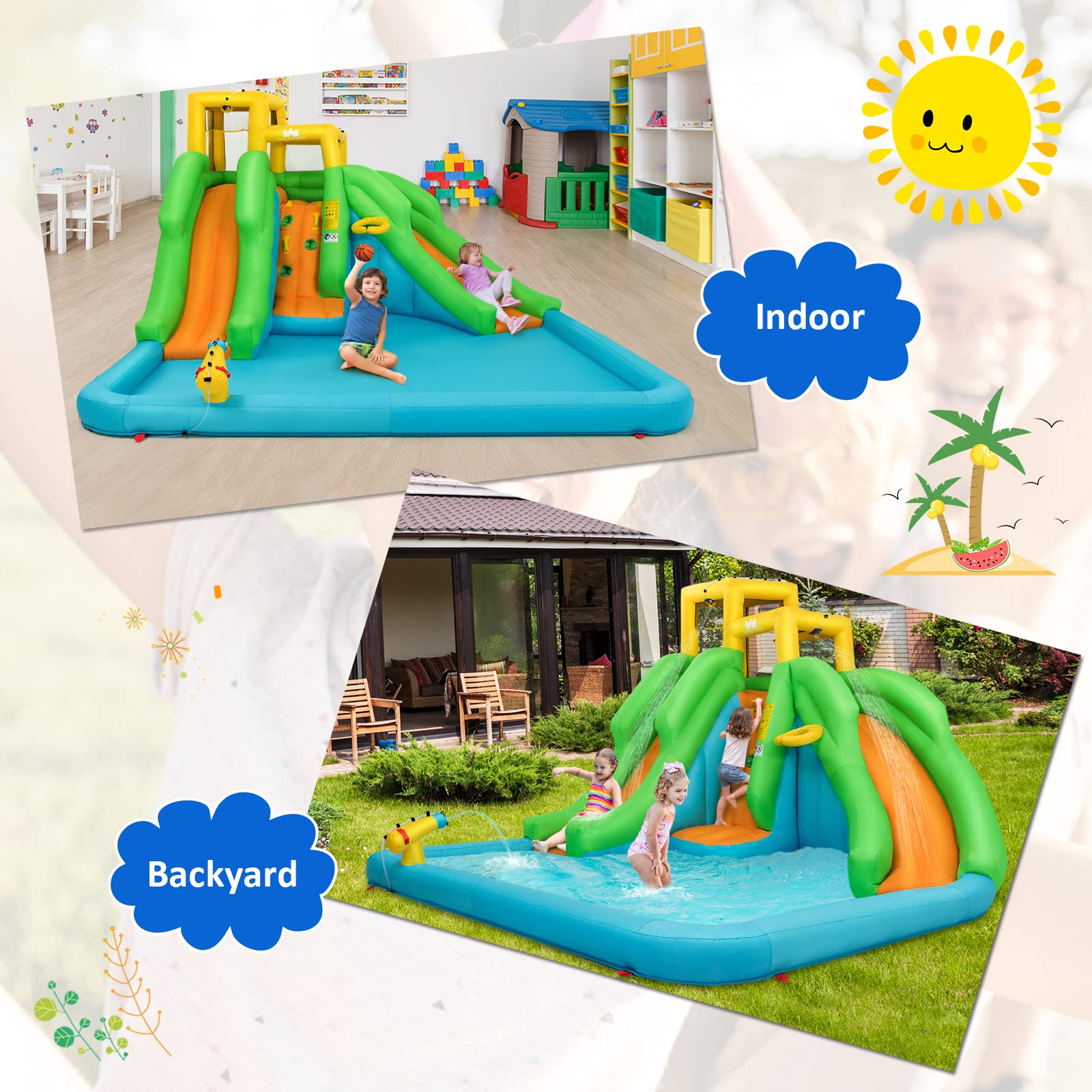 **HONEY JOY 6-in-1 Inflatable Water Slide for Kids - Bounce House with Climbing Wall, 2 Long Slides, Splash Pool & Water Cannons | Indoor & Outdoor Backyard Water Park (Includes 550W Blower) - Perfect for Summer Parties, Birthdays & Family Fun**