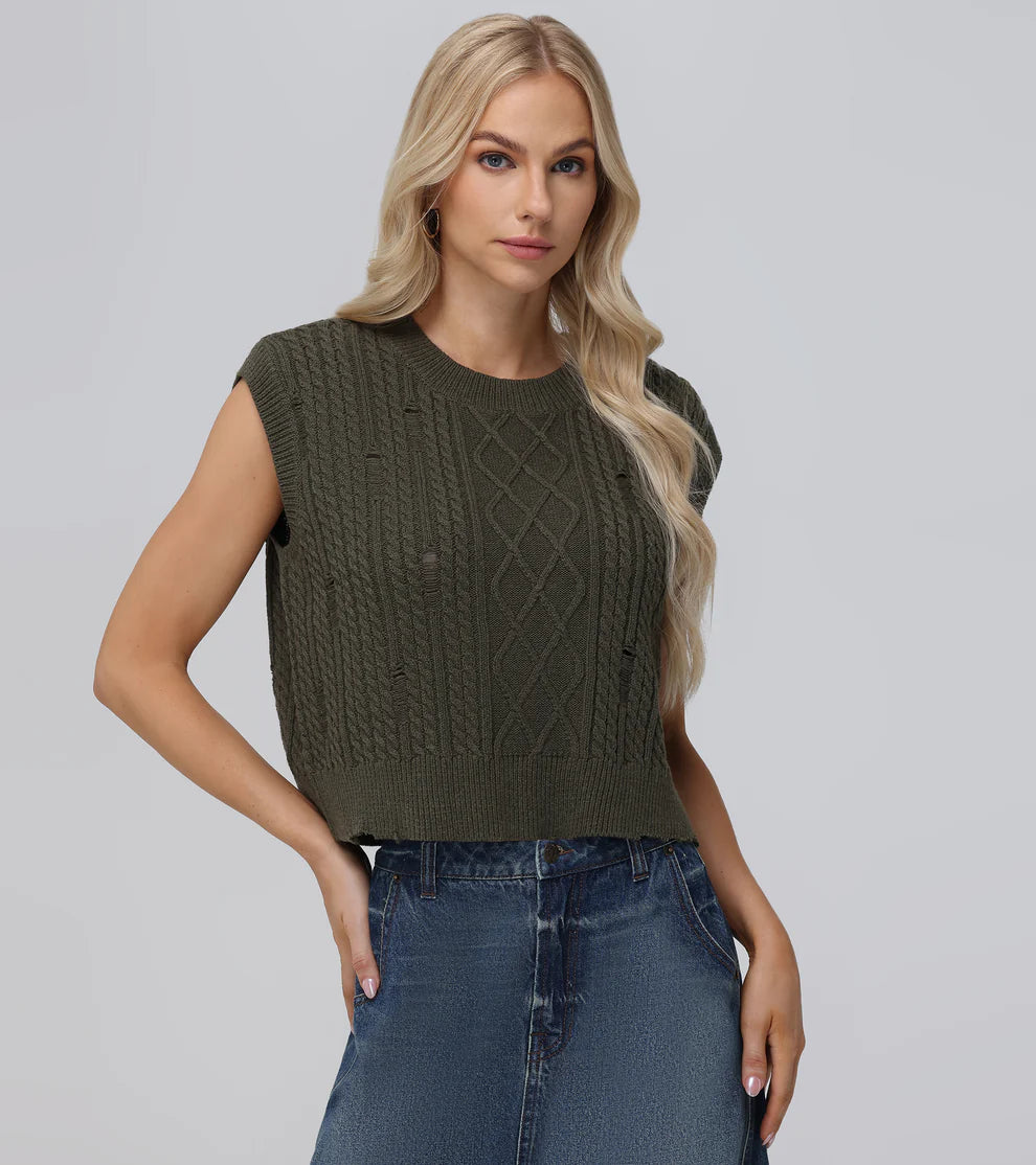 Distressed Cable Knit Sweater Vest for Men - Military Olive Green, Casual Winter Layering & Outdoor Fashion
