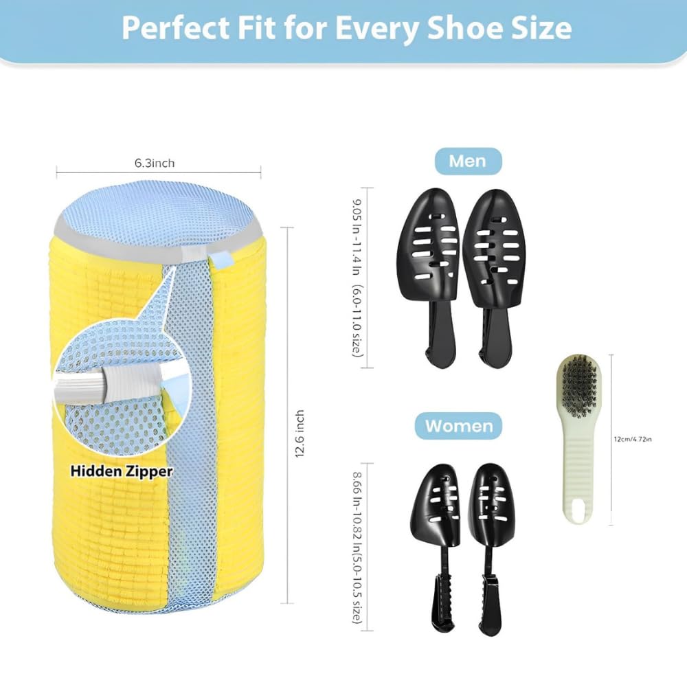 Reusable Shoe Laundry Bag with Brush - for Sneakers & Gym Shoes - Machine Wash Safe - Includes Shoe Trees - Perfect for Travel & Sports