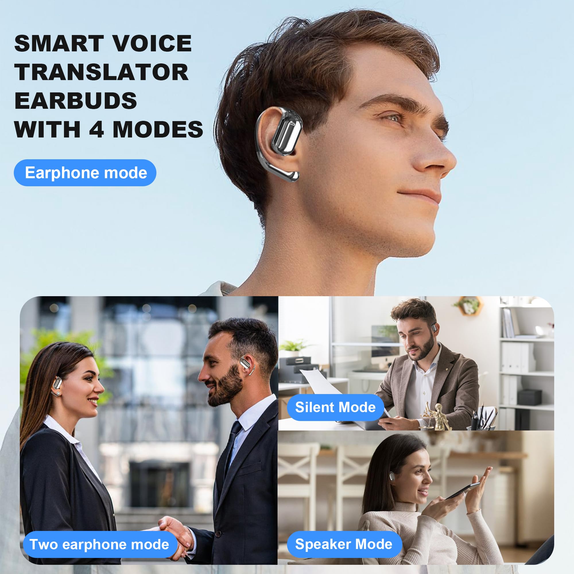 AI Language Translator Earbuds with 144 Languages & Accents - 3-in-1 Real-Time Translation Headphones for iOS & Android - Perfect for Travel, Business Meetings & Language Learning (Black)