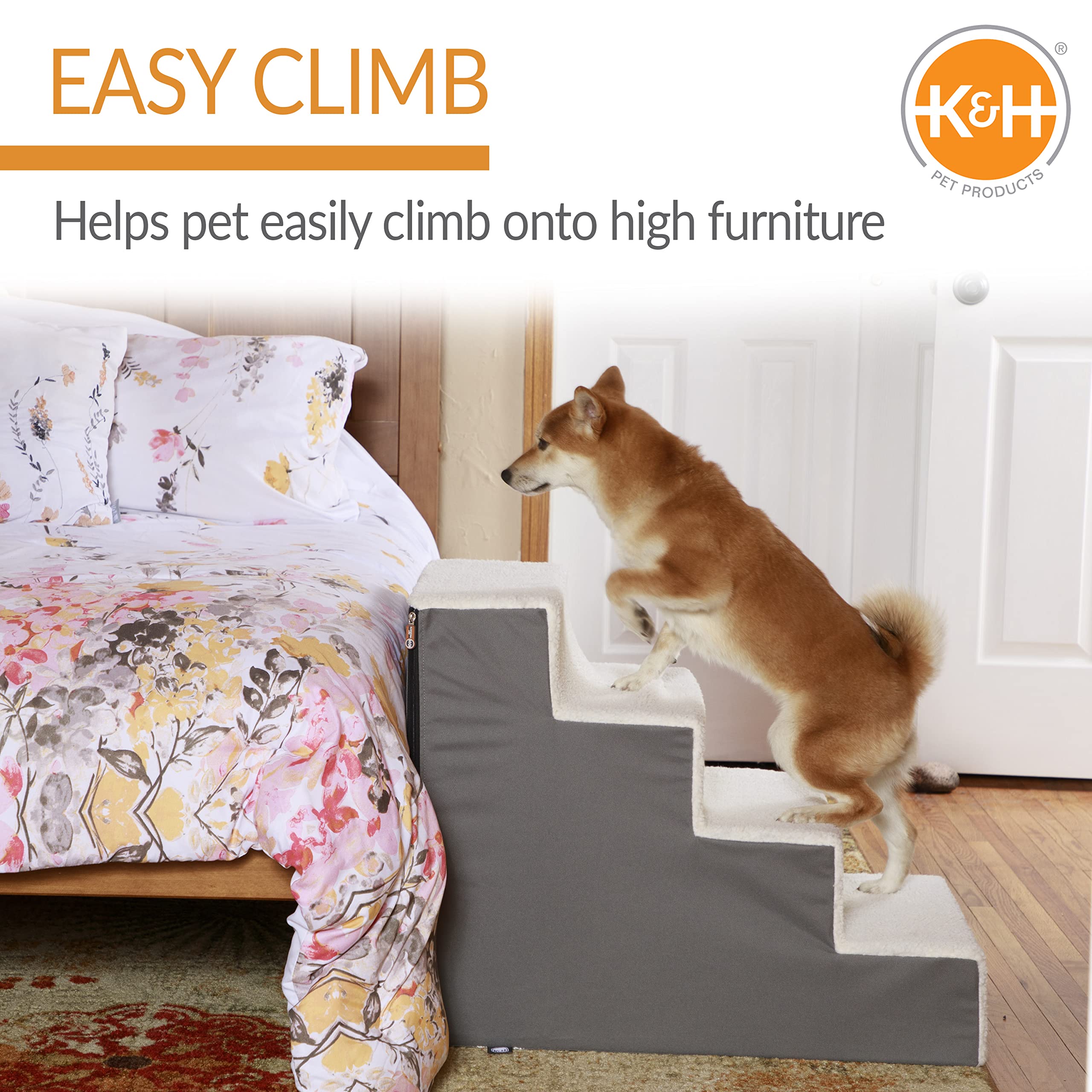 K&H Pet Products Portable Lightweight Dog Stairs for Small & Medium Dogs - 4 Step Pet Steps with Non-Slip Surface for High Beds, Couches & SUVs (Gray Fleece) - Perfect for Elderly Dogs & Pets with Joint Pain