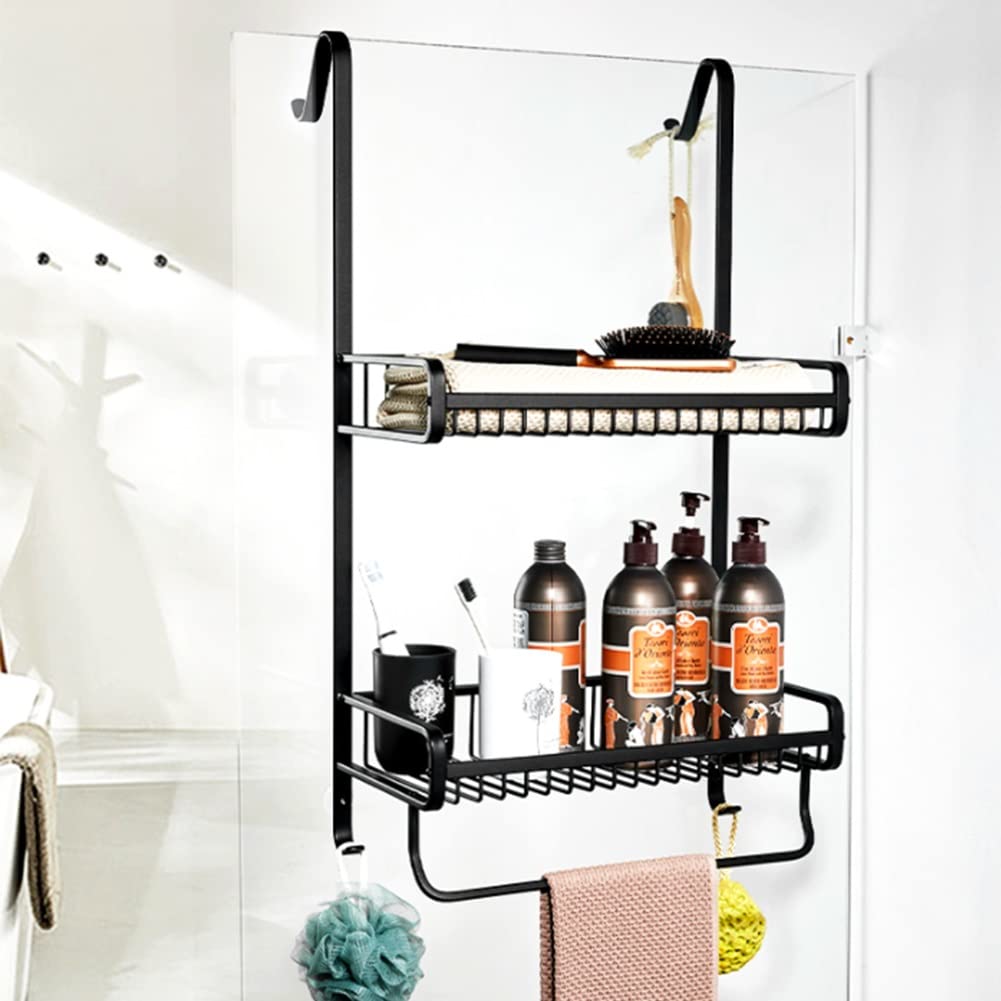 Over The Door Hanging Organizer - Heavy Duty Spice Rack Shelf with Hooks & Towel Bar for Bathroom, Kitchen, Pantry - Space Saving Storage Solution (Black, 2 Baskets, 30cm) - Perfect for Small Spaces, Apartments & Dorm Rooms